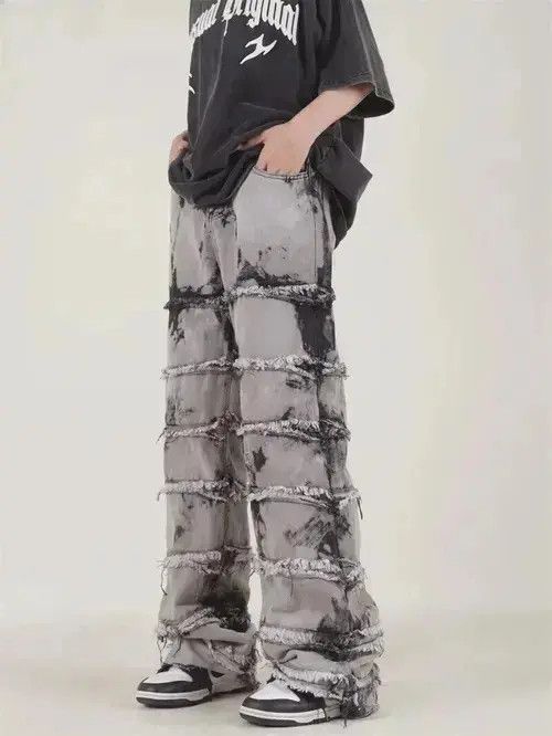 Jean Striped Tassel Frayed Straight Baggy Jeans Size US 32 / EU 48 - 3 Thumbnail