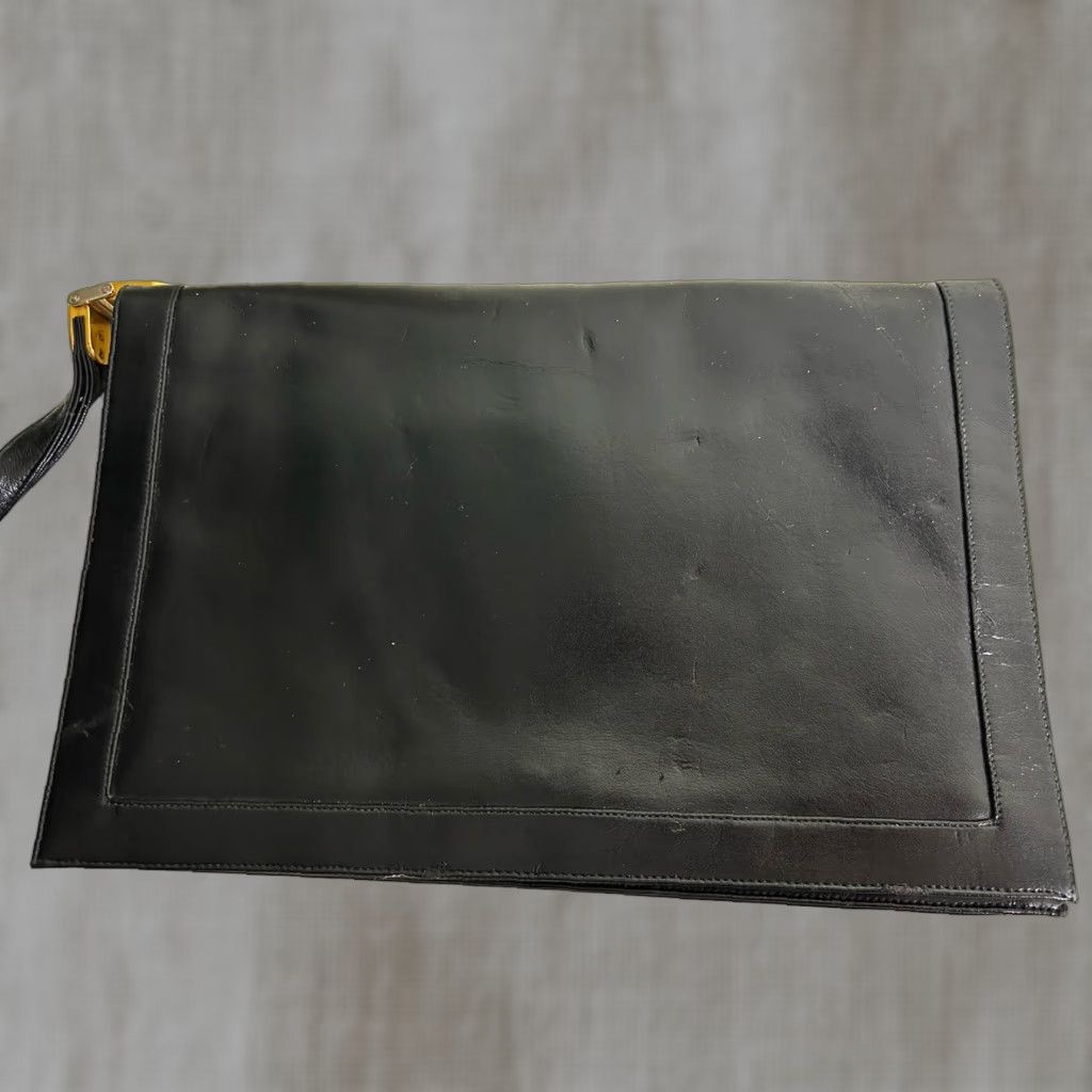 Vintage Lou Taylor Vintage Purse Black Leather Mirror Italy 12x8x1 Clutch Women Womens Size ONE SIZE - 1 Thumbnail