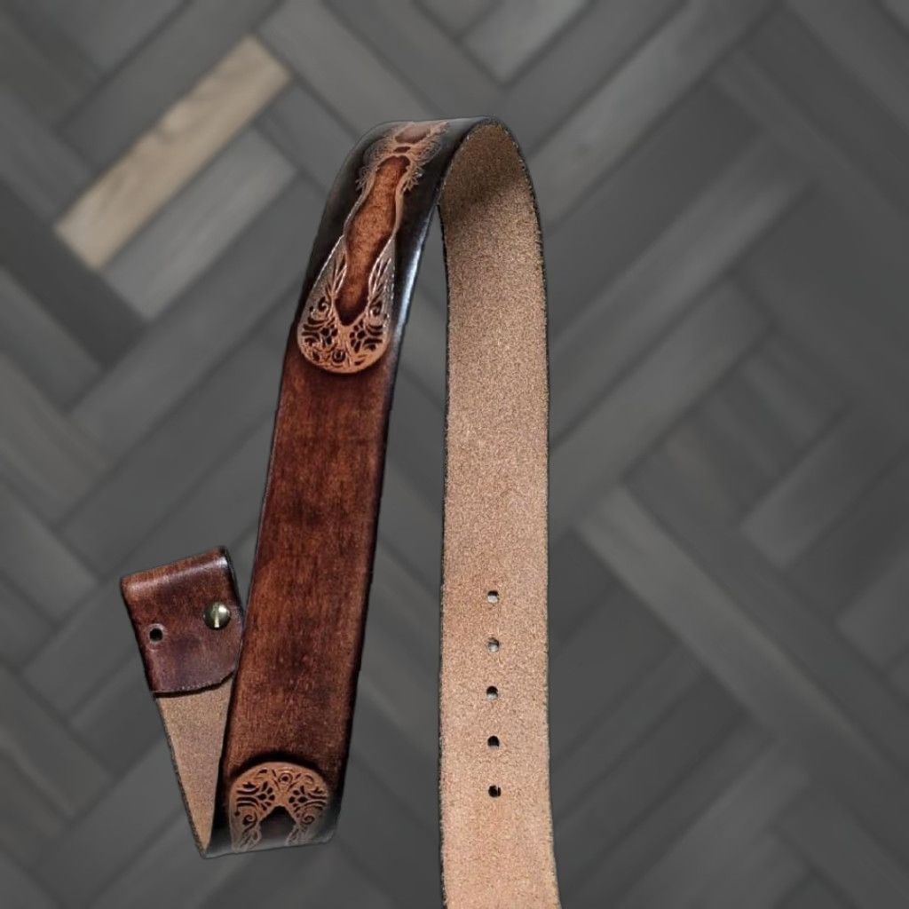 Vintage VINTAGE leather belt Western belt Geometric Brown 28 Unisex Adults 1-1/2" Cowhide Handmade Handcrafted buckle Size 28 - 1 Thumbnail