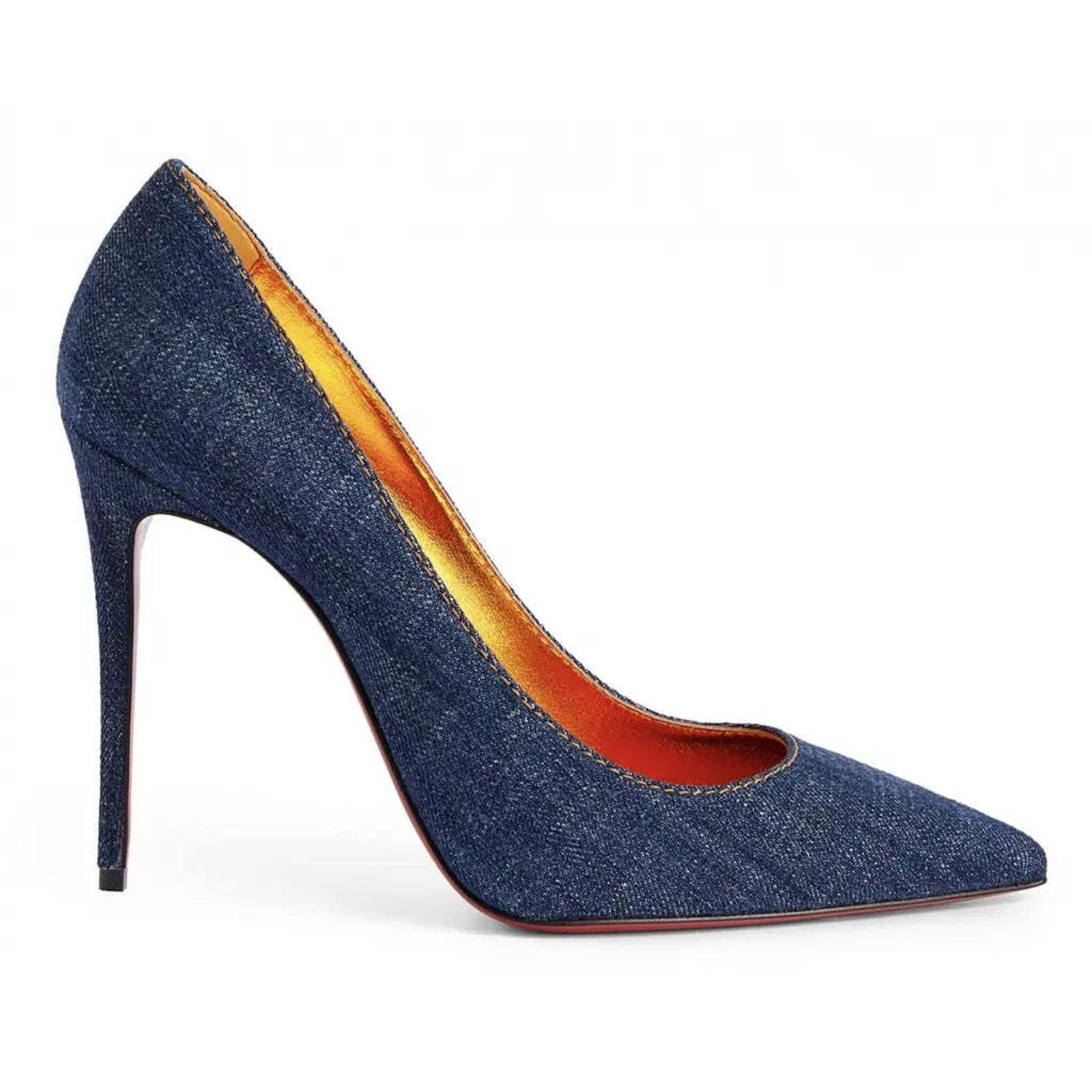 Christian Louboutin Kate 100 Blue Denim Saba Gold Stiletto Pointed Heel Pump 40 Size US 10 / IT 40 - 1 Thumbnail