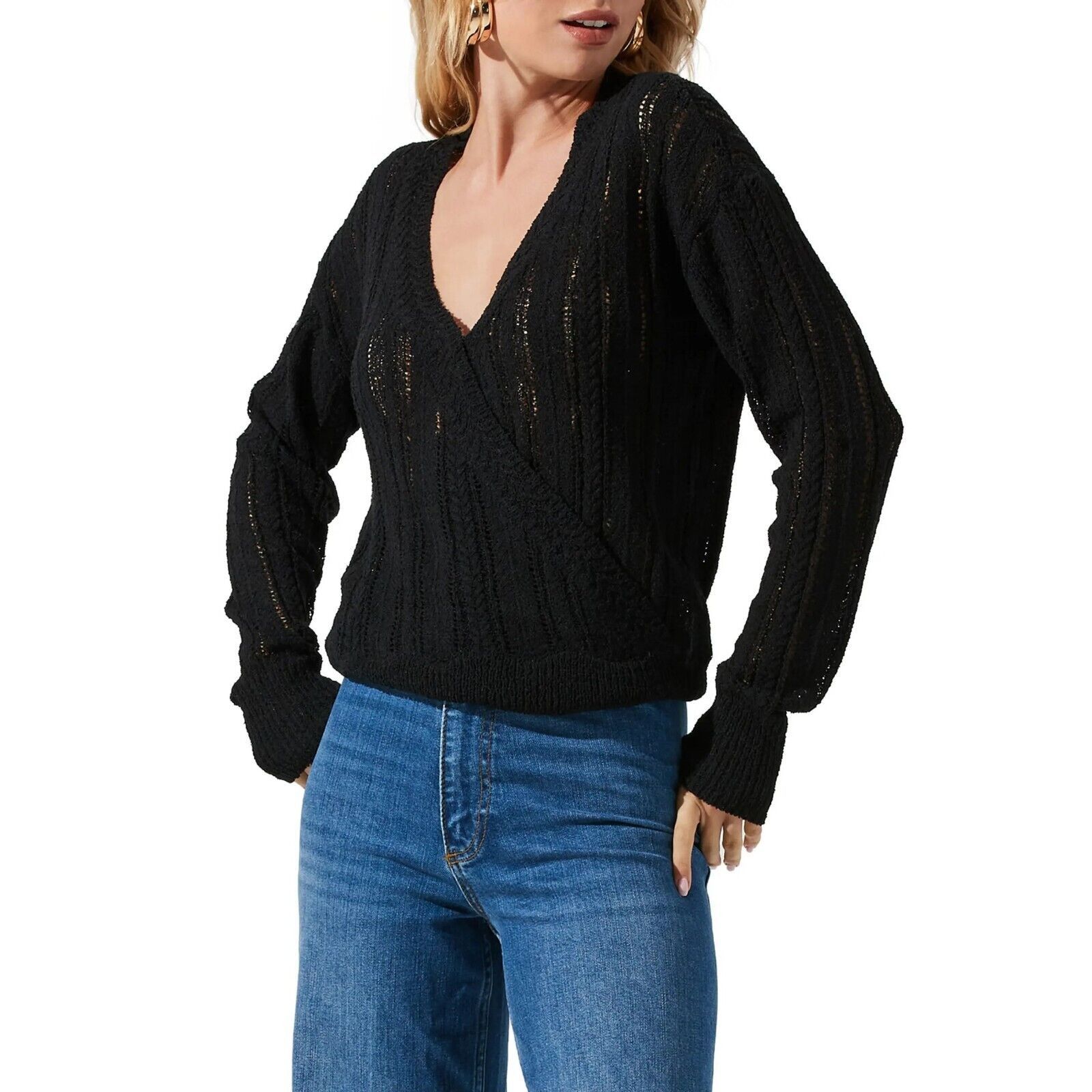 ASTR The Label ASTR The Label Women Black Open Knit Wrap Sweater Size S Size S / US 4 / IT 40 - 1 Thumbnail