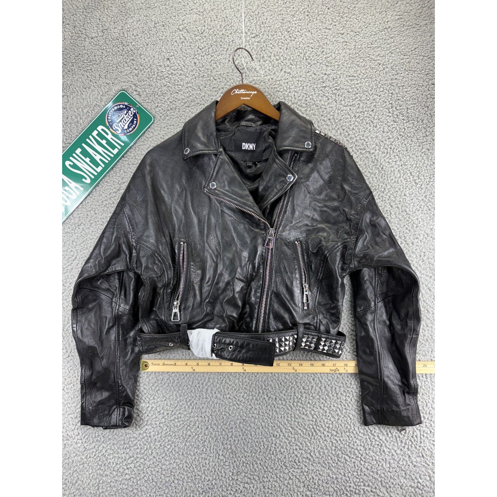 DKNY Moto Jacket Studded 100% Sheep Genuine Leather Womens S