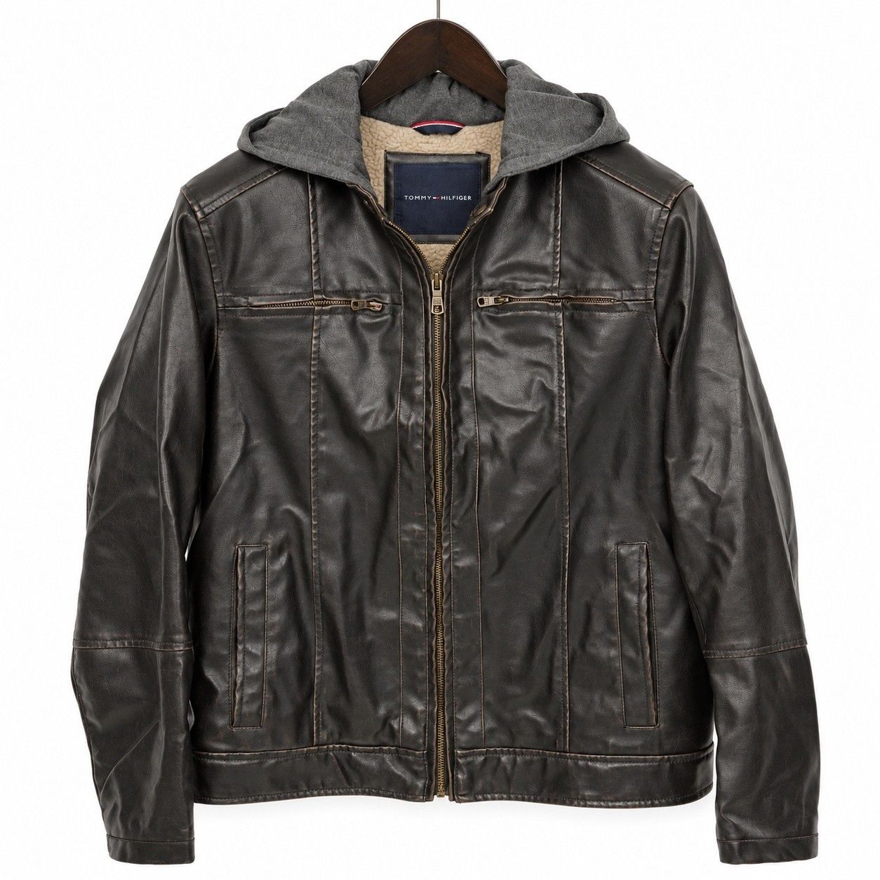 Tommy Hilfiger Faux Leather Jacket Dark Brown Hooded S, Men's