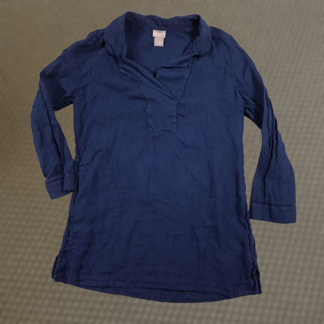 Vintage Chico's Shirt Womens 1 Blue 100% Linen Collared Tunic Long Sleeve Top Blouse Size XS / US 0-2 / IT 36-38 - 1 Thumbnail
