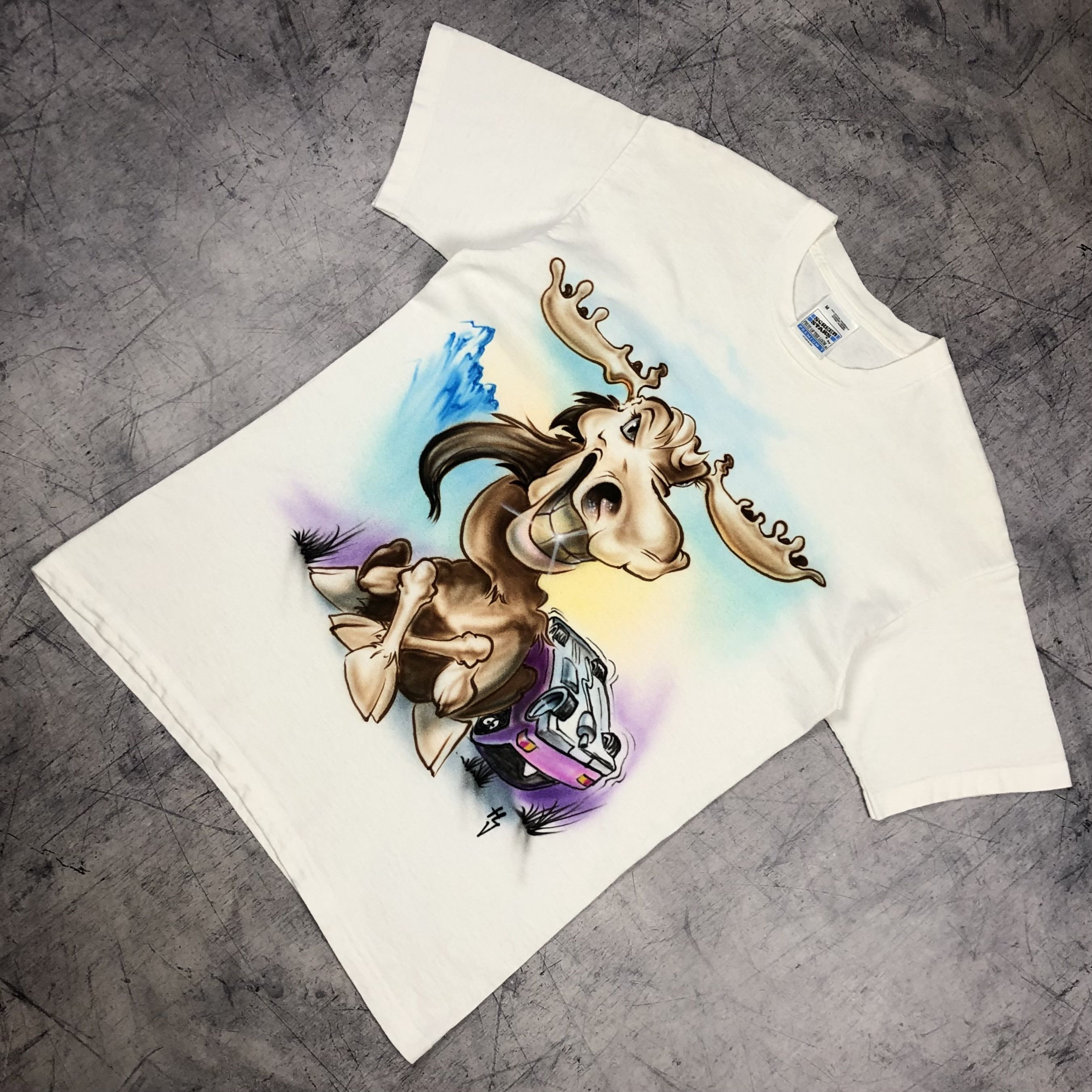 Handmade 90s Aerograph 1Of1 Handpaint Moose On Road Tee Size US L / EU 52-54 / 3 - 4 Thumbnail