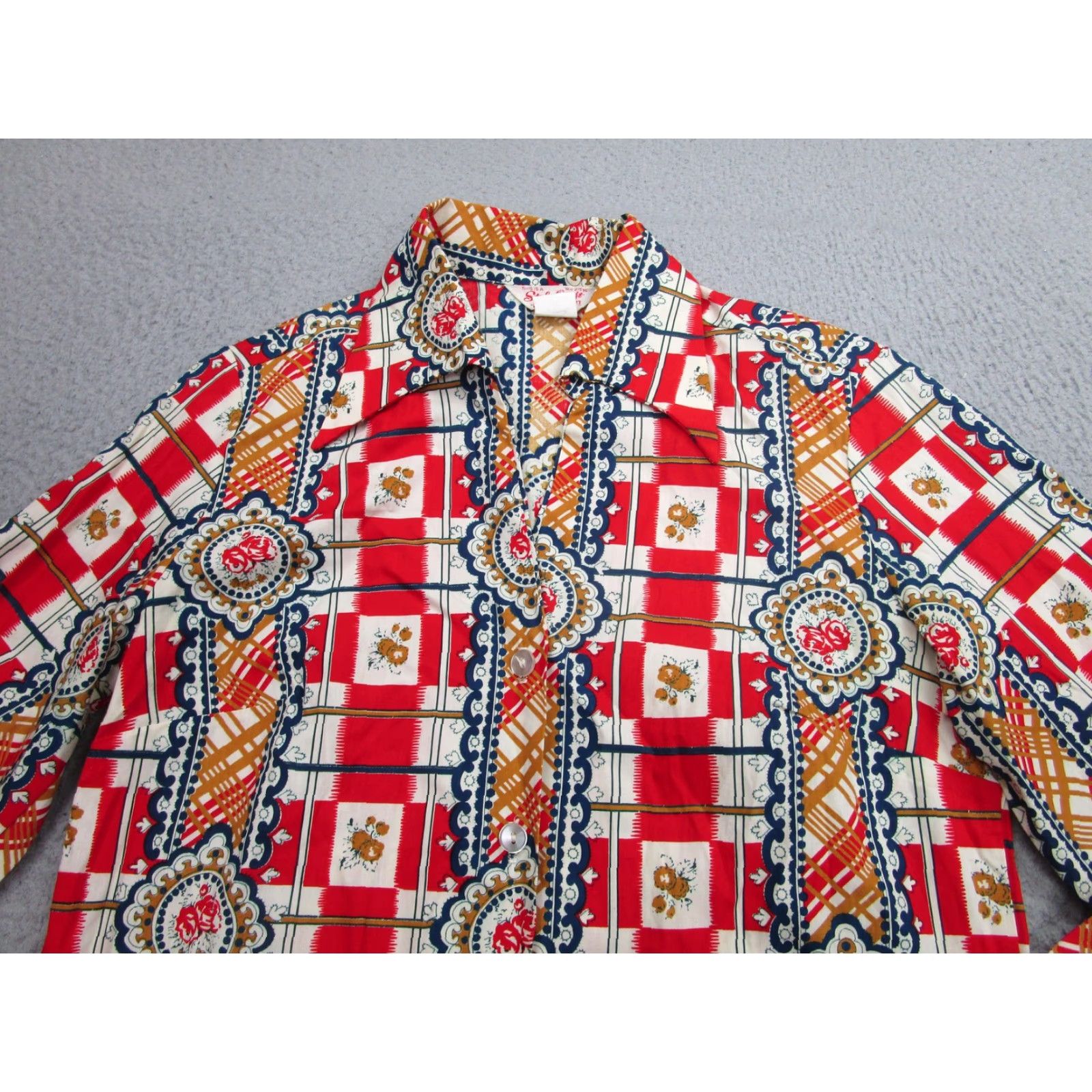 Vintage VINTAGE Style Craft Shirt Women 70s Button-Up Plaid Floral Red Blue 12 Adult Women Size XL / US 12-14 / IT 48-50 - 2 Thumbnail