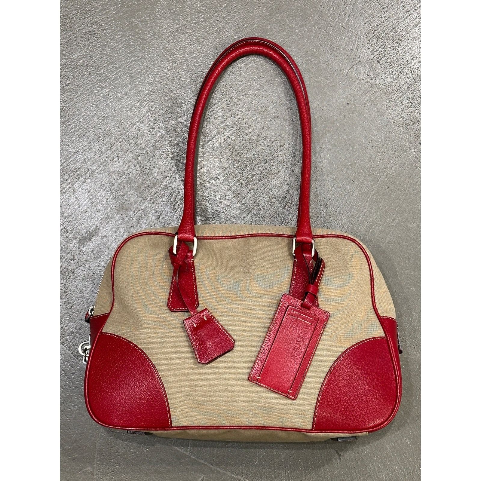 Prada 2000s Prada jacquard bowler bag with red leather trim Size ONE SIZE - 1 Thumbnail