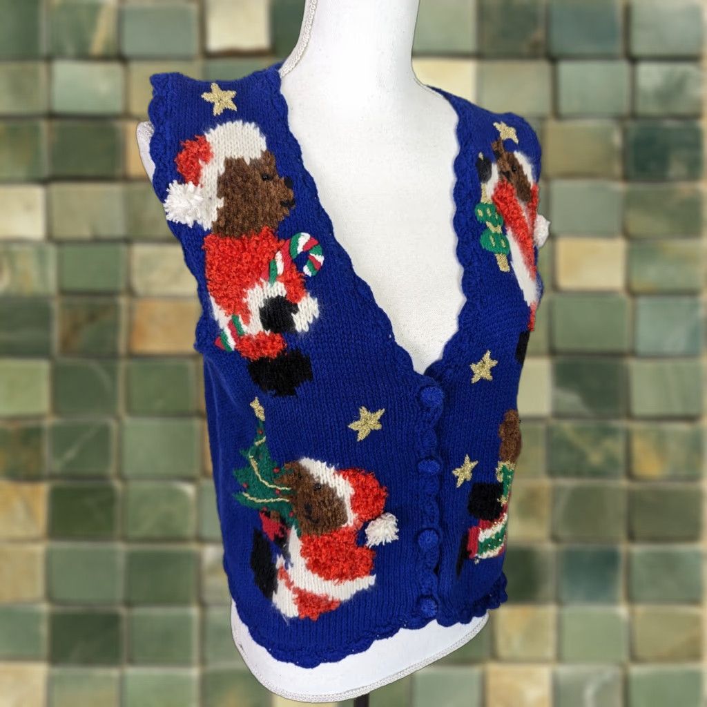 Vintage VINTAGE Women's 90s Hand Knit Sweater Vest Ugle Christmas Teddy Bear Cardigan V2J M Sweater Vest Women M Blue 38 Bust 38 Waist 20 Length Mens? Size M / US 6-8 / IT 42-44 - 1 Thumbnail