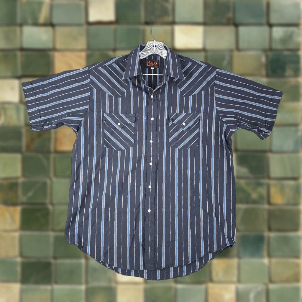 Vintage Plains Western Wear Shirt Mens Black Blue Striped Short Sleeve Button-Up Size L Western Pattern Snap Closure Blue 90s style? Size US 33 - 1 Thumbnail