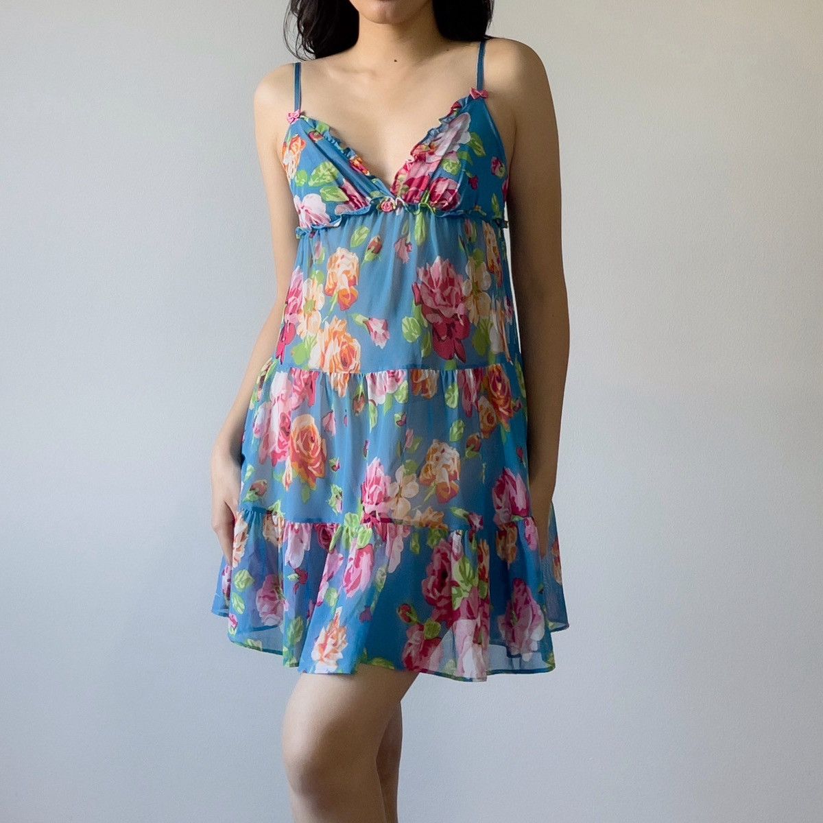 Betsey Johnson × Vintage Vintage Betsey Johnson Blue Floral Mesh Sheer Slip Dress (S) Size S / US 4 / IT 40 - 3 Thumbnail
