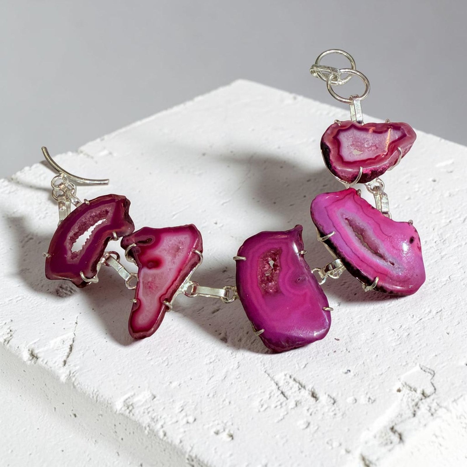 The Unbranded Brand Pink Druzy Agate Slice Toggle Bracelet 925 Silver Plated Size ONE SIZE - 5 Thumbnail