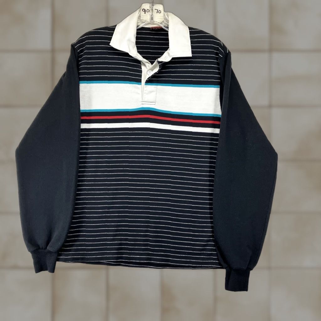 CO VINTAGE Northwestern Knitting Co Rugby Shirt Polo Long Sleeve Black Striped 90s Preppy Mens Medium Size US M / EU 48-50 / 2 - 1 Thumbnail