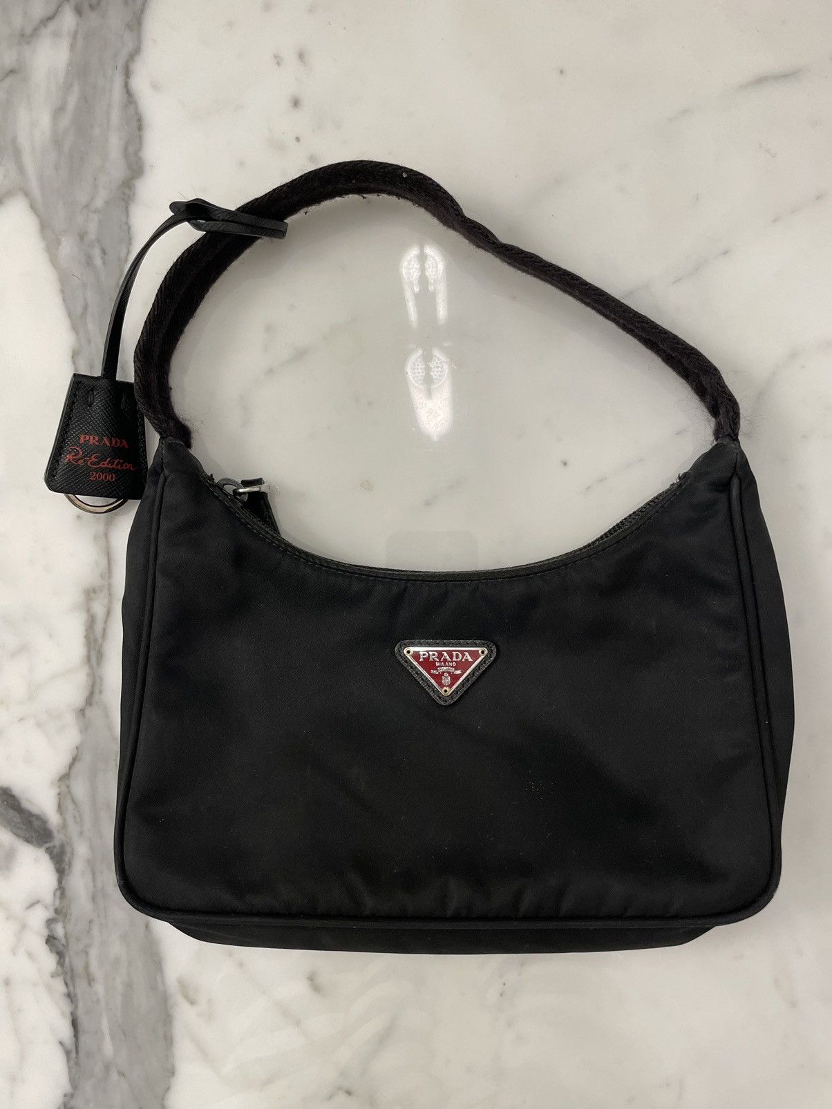Prada Re Edition 2000 Black Red Logo Mini Tessuto Bag, Women's