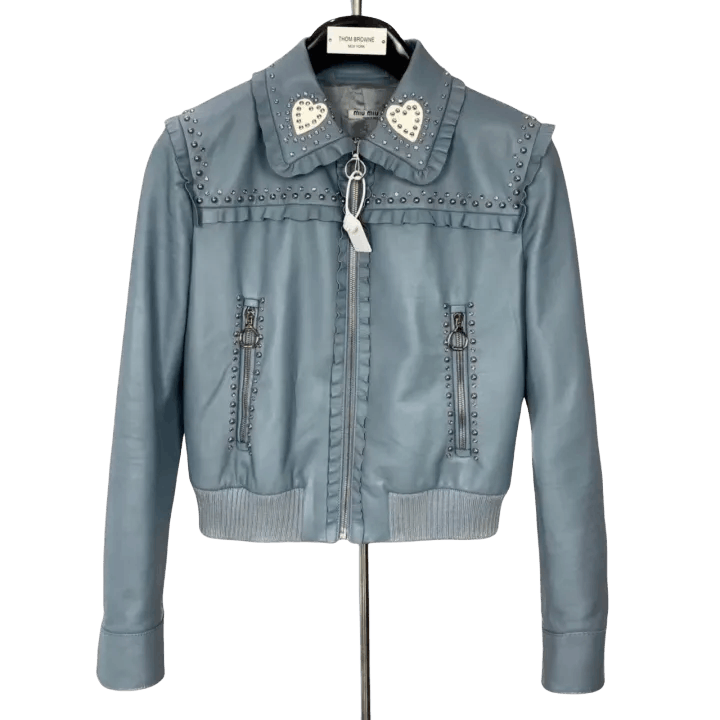 Miu Miu Miu Miu Studded Denim Jacket in Light Blue 0079 Size L / US 10 / IT 46 - 1 Thumbnail