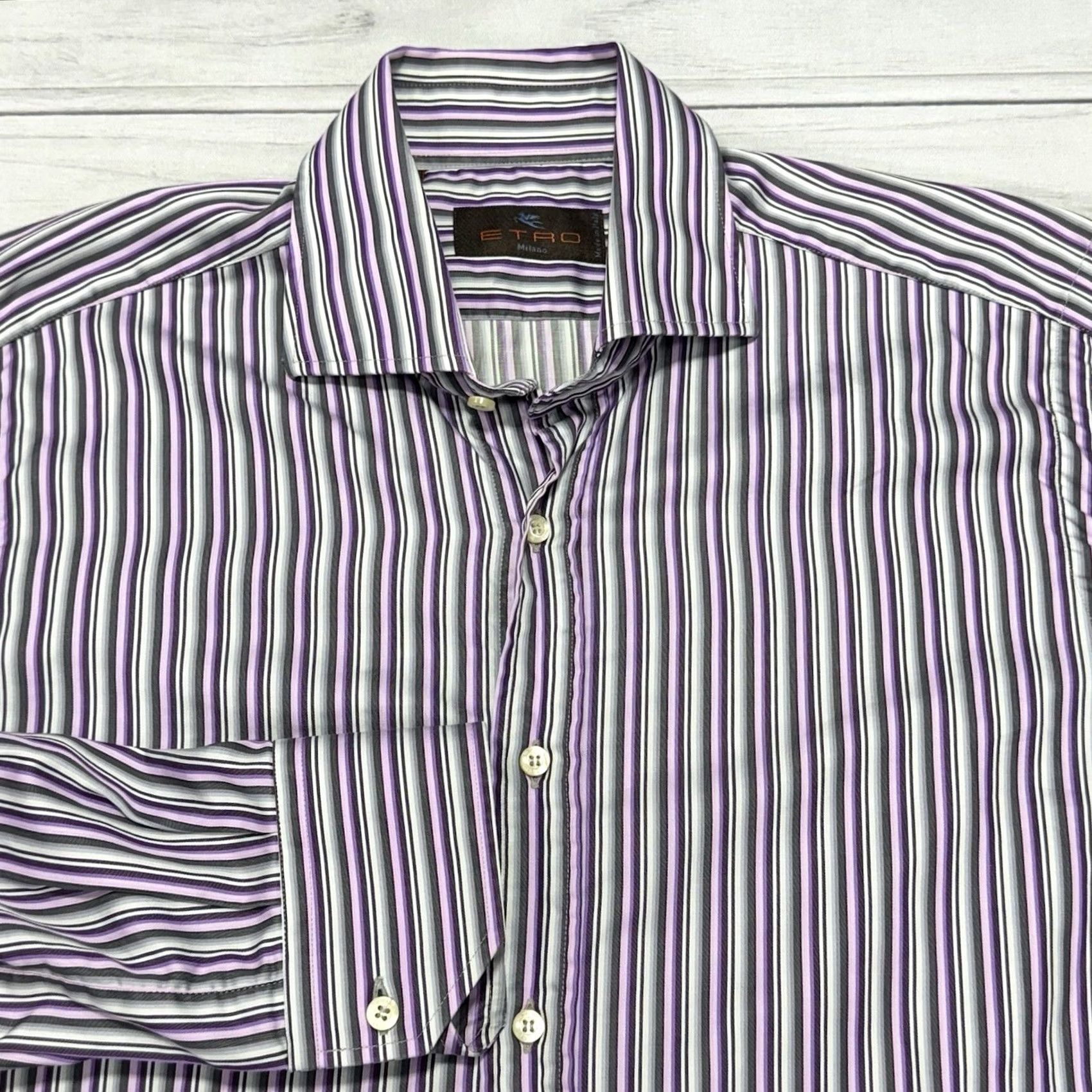 Etro ETRO Dress Shirt Mens 39 Purple Striped Italy Long Sleeve Button Down Shirt Size 40R - 2 Thumbnail