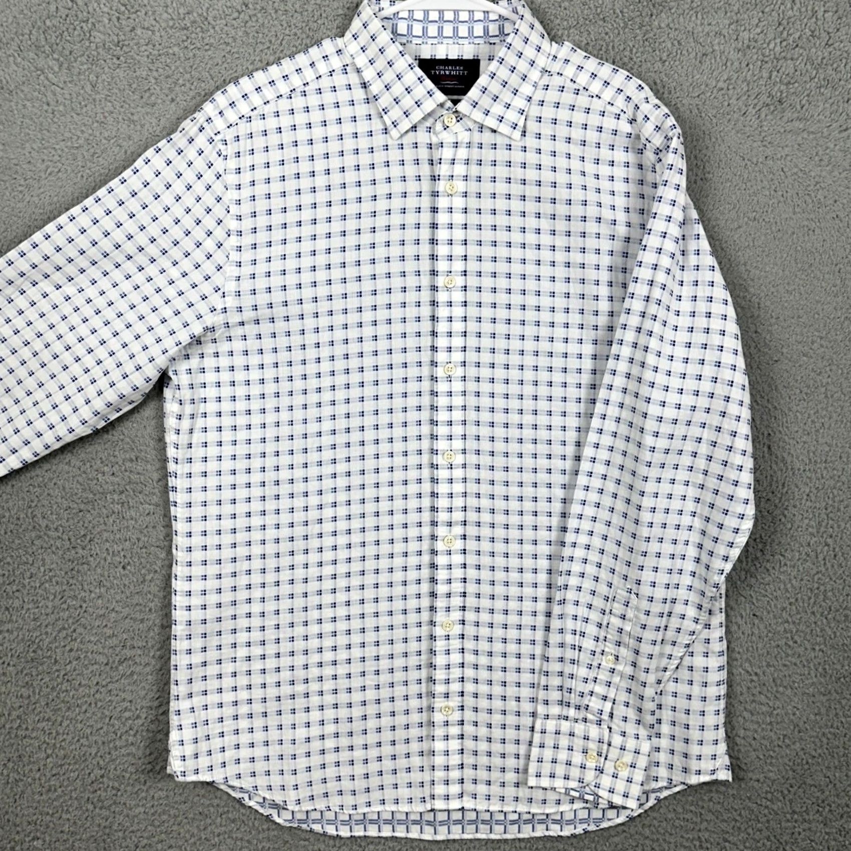 Charles Tyrwhitt CHARLES TYRWHITT Dress Shirt Men Large Slim Fit White Blue Check Button Down EUC Shirt Dress Shirt Size 42R - 2 Thumbnail