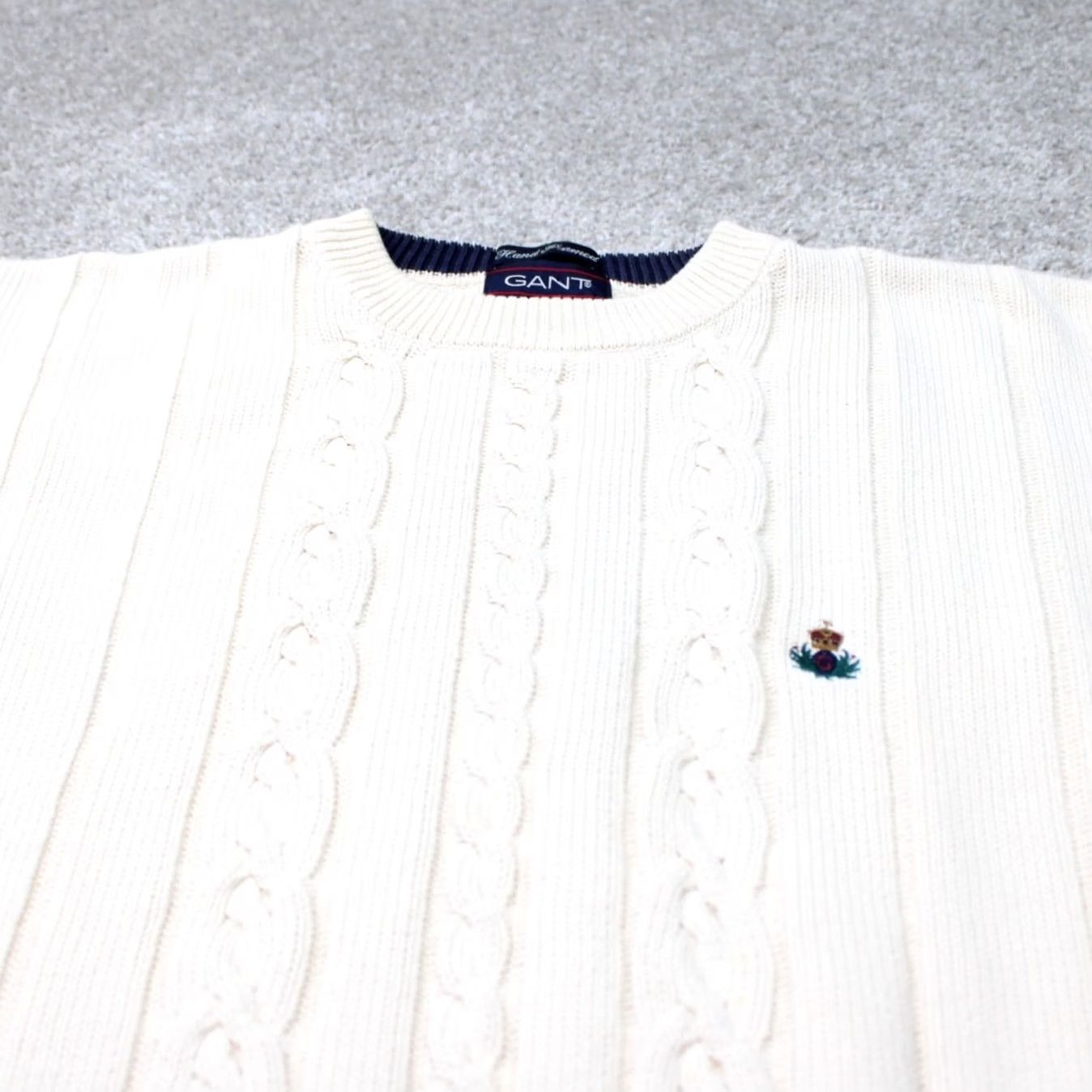 Gant VINTAGE GANT Sweater Mens XL White 100% Cotton Cable-Knit Crest Crew Neck 90s Size US XL / EU 56 / 4 - 4 Thumbnail
