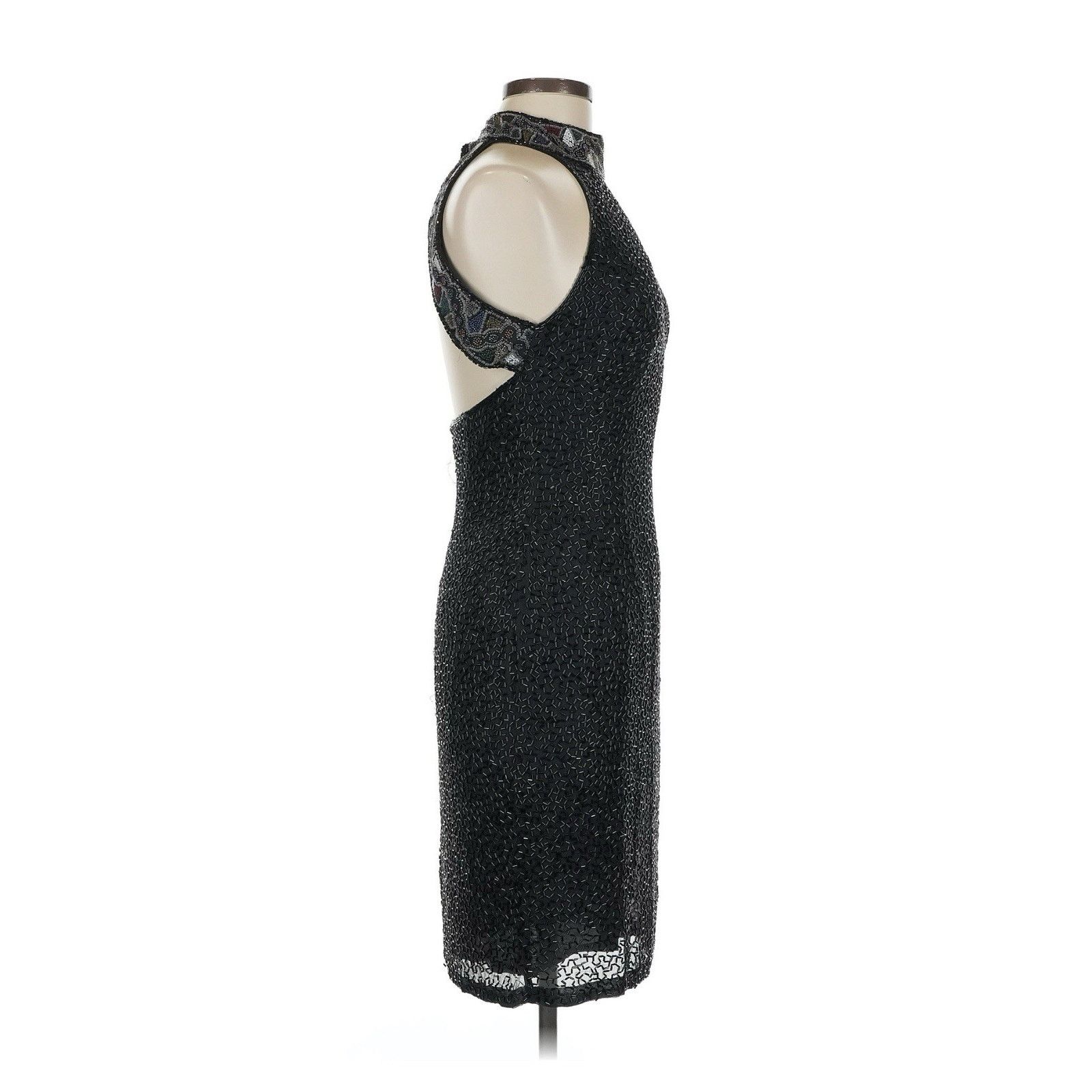 Black Tie Oleg Cassini Sequin Silk Halter Beaded Mini Dress