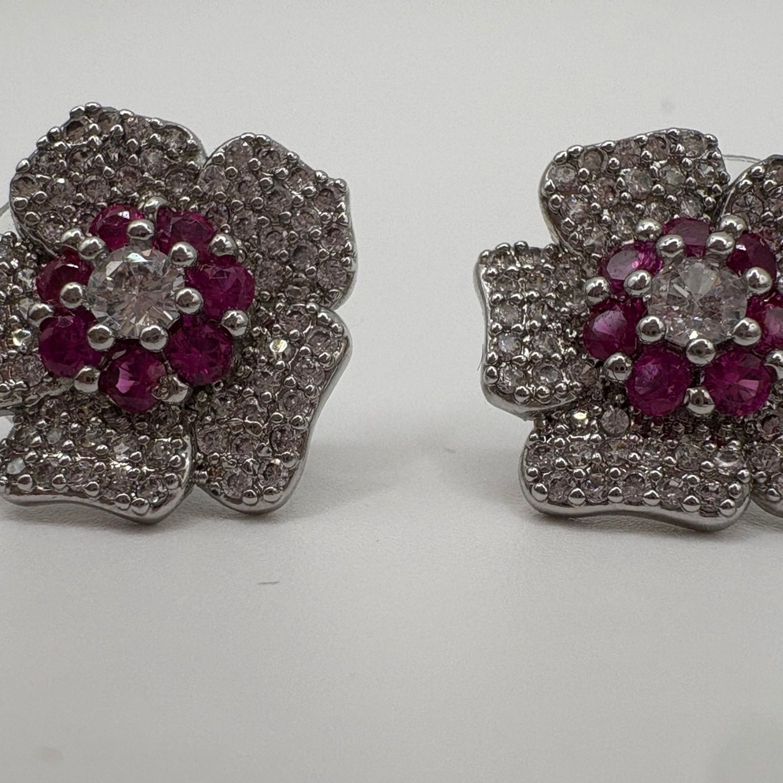 Other Sterling Silver Magenta Floral Stud Earrings- Rhodium Plated Size ONE SIZE - 3 Thumbnail
