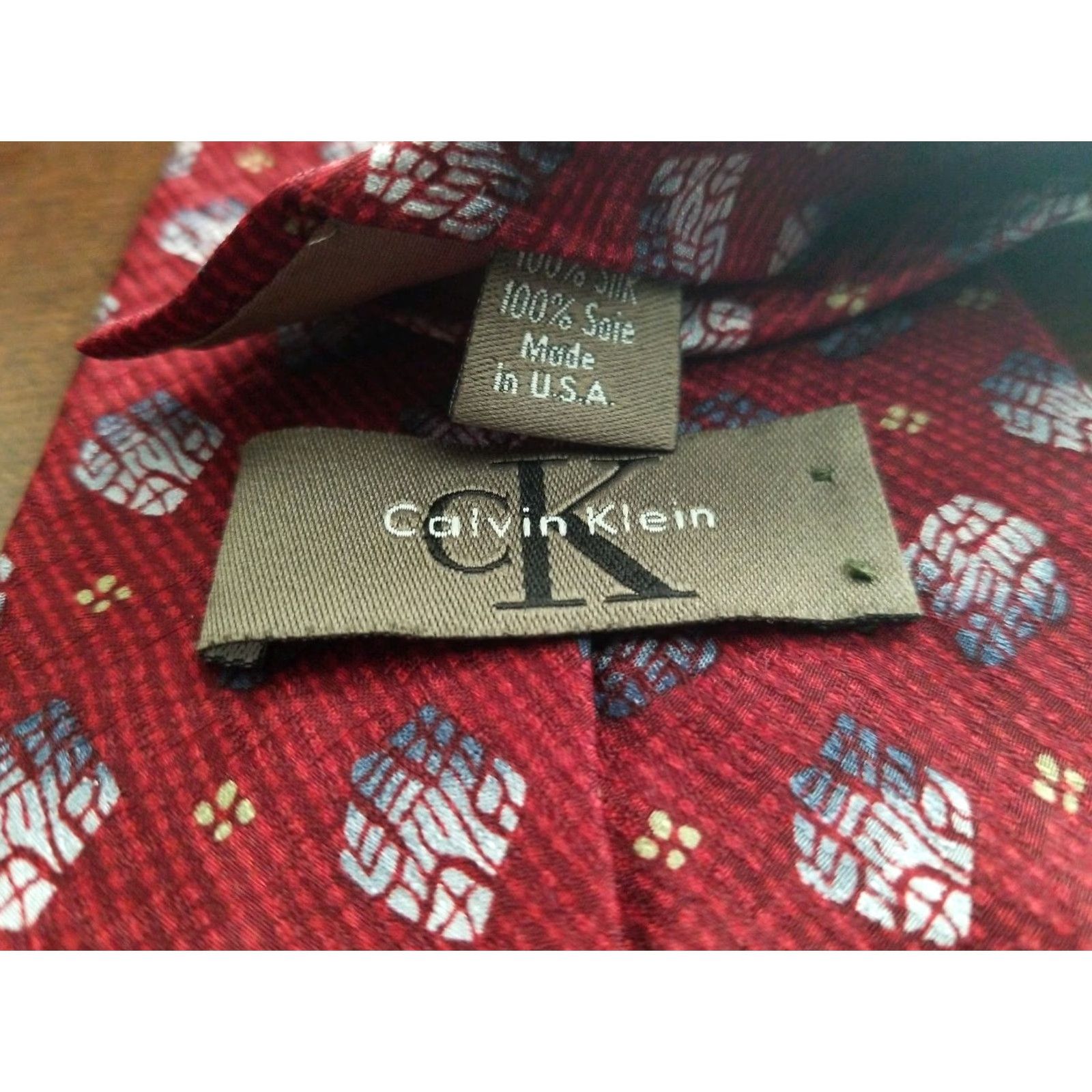 Calvin Klein Calvin Klein Men’s Geometric Patterned Red Silk Tie Size ONE SIZE - 6 Thumbnail