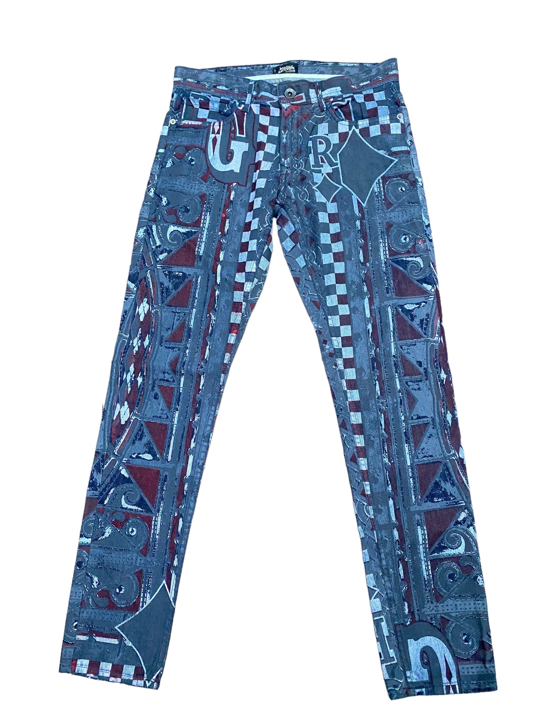 image of Jean Paul Gaultier Vintage All Over Print Blue Denim Jeans, Men's (Size 30)