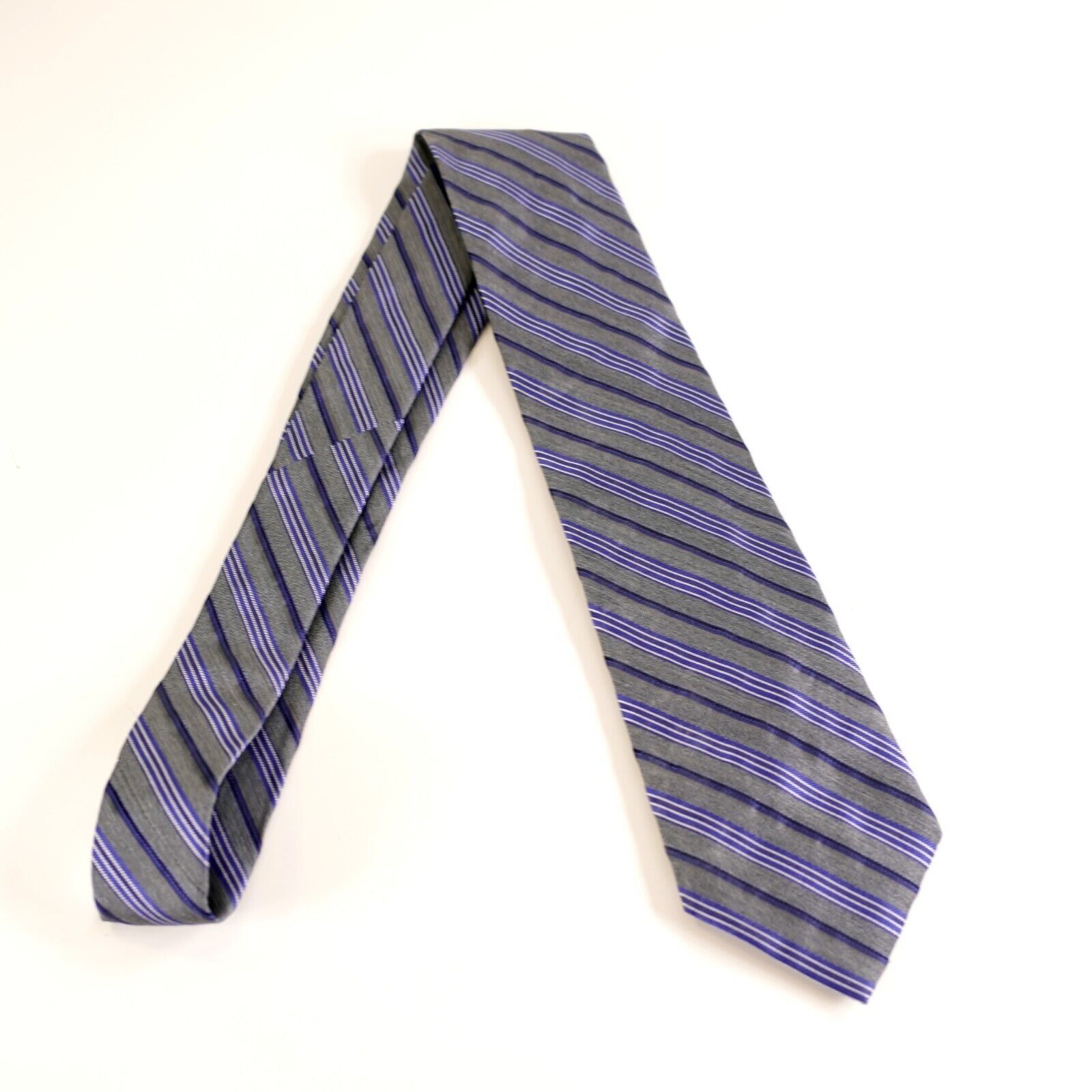 Calvin Klein Calvin Klein Gray Purple Striped Woven Silk Tie Size ONE SIZE - 7 Thumbnail