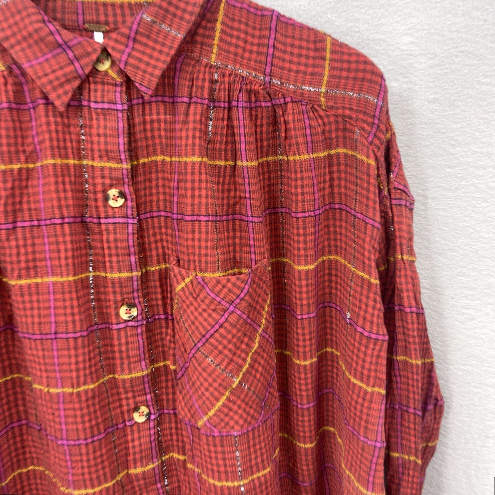 Free People Free People Shirt Womens M Plaid Oversized Button-Up x Bohemian Grunge Casual Fall Winter Spring Summer Red Size M / US 6-8 / IT 42-44 - 3 Thumbnail