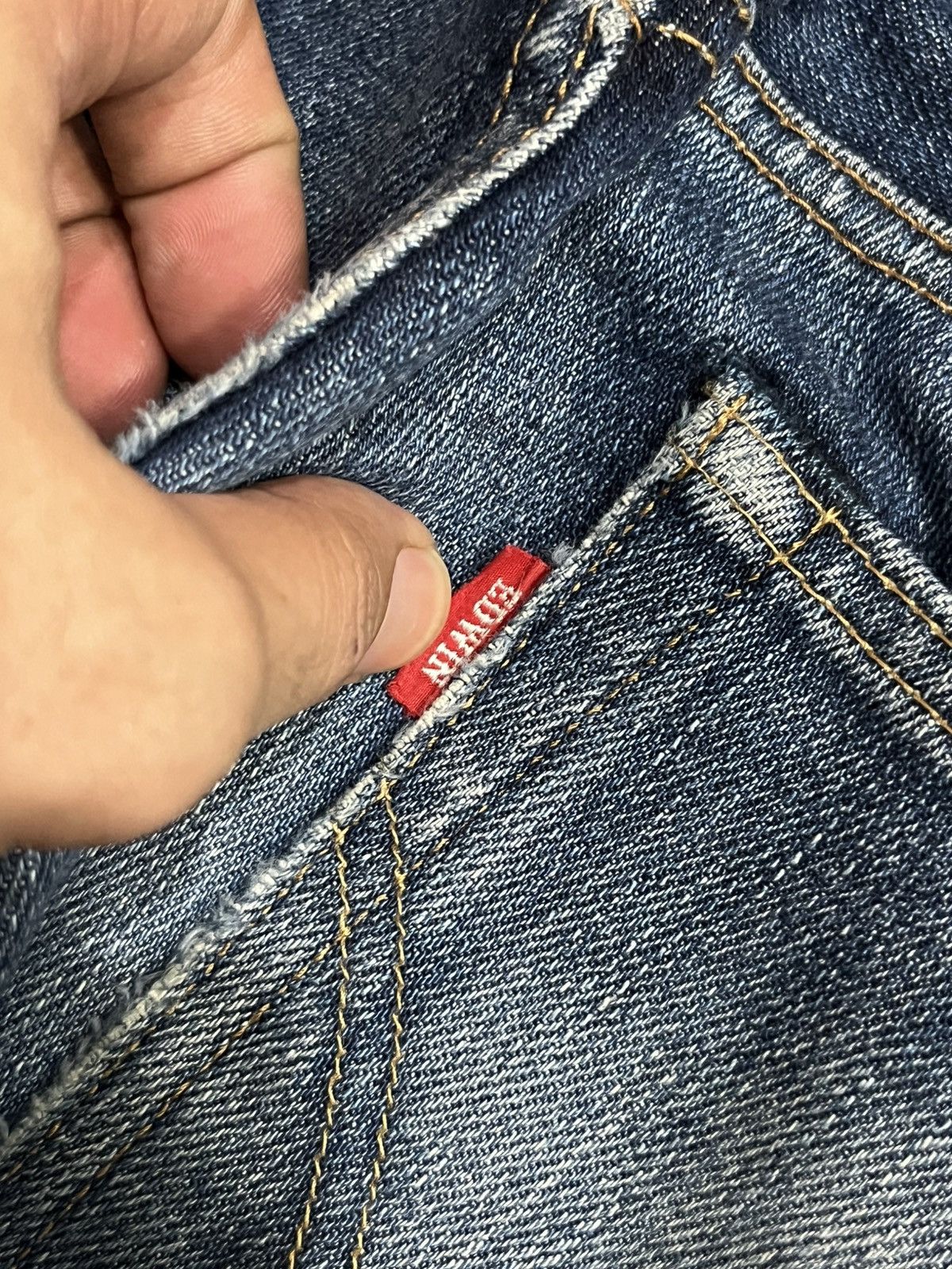 Edwin Edwin 503 Dark Blue Faded Washed Repaired Knee Straight Jean Size US 31 - 9 Thumbnail