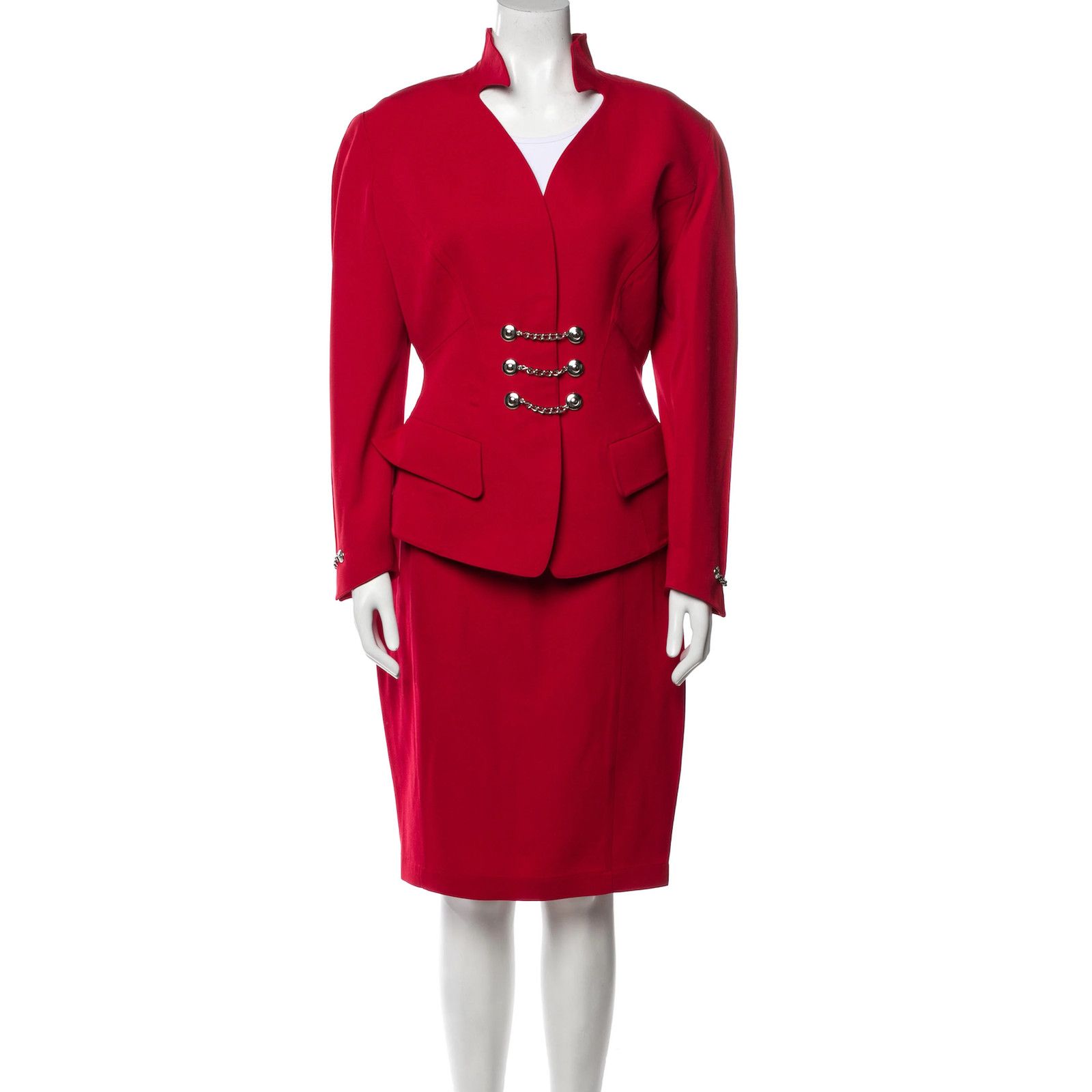 Thierry Mugler Red Thierry Mugler Size 42 Skirt Suit with Silver Chains ...