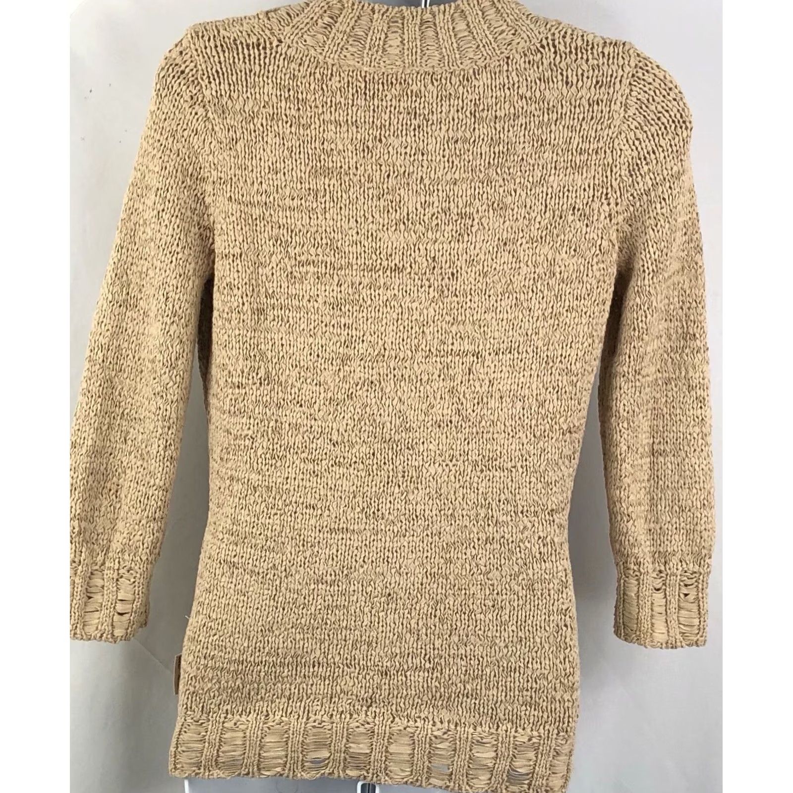 DKNY DKNY Ribbon Weave Knit Sweater XS Tan Plunge V-Neck 3/4 Sleeve Boho Y2K Cottage Bohemian Designer Womens XS Tan DKNY Ribbon Weave Knit Sweater Size XS / US 0-2 / IT 36-38 - 3 Thumbnail