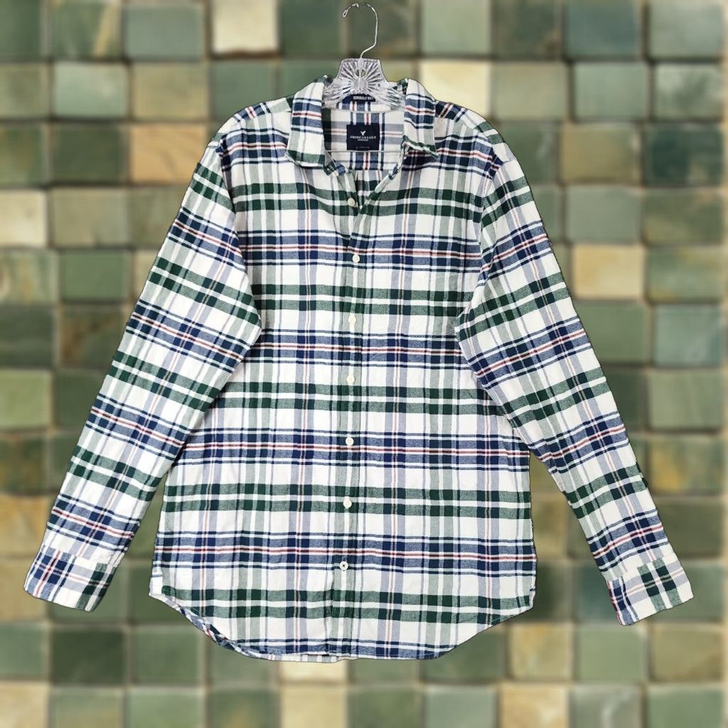American Eagle Outfitters American Eagle Big & Tall Mens Plaid Flannel Shirt Long Sleeve Blue Green White Multicolor Size US L / EU 52-54 / 3 - 1 Thumbnail