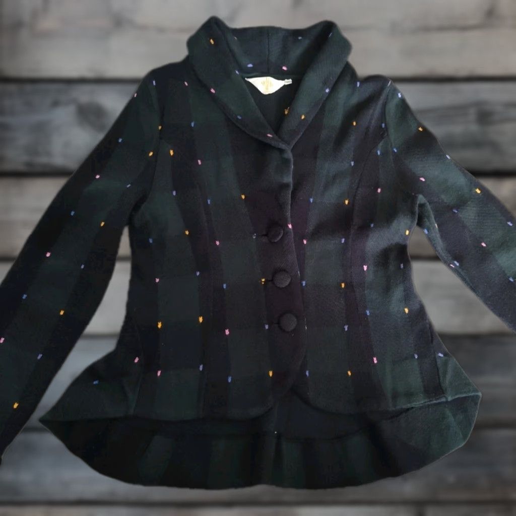 Anthropologie HWR Green Plaid Cardigan Sweater Women’s Adult Medium Long Sleeve Blazer Collar Peplum Preppy Size M / US 6-8 / IT 42-44 - 1 Thumbnail