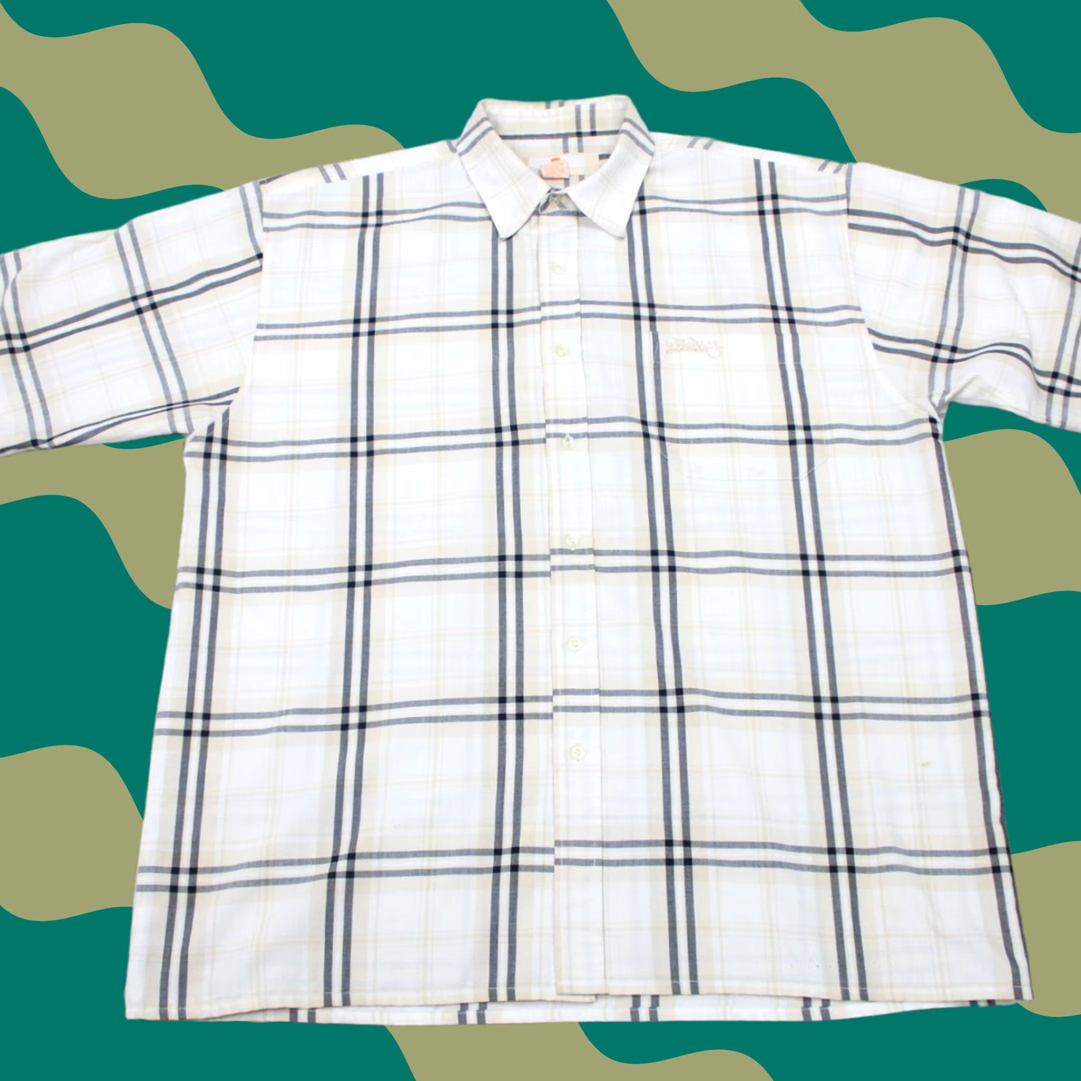 Southpole Southpole Shirt Mens XL White/Gray/Tan Plaid Button-Up Short Sleeve Polyester/Rayon Casual Vintage-like Style Size US XL / EU 56 / 4 - 1 Thumbnail