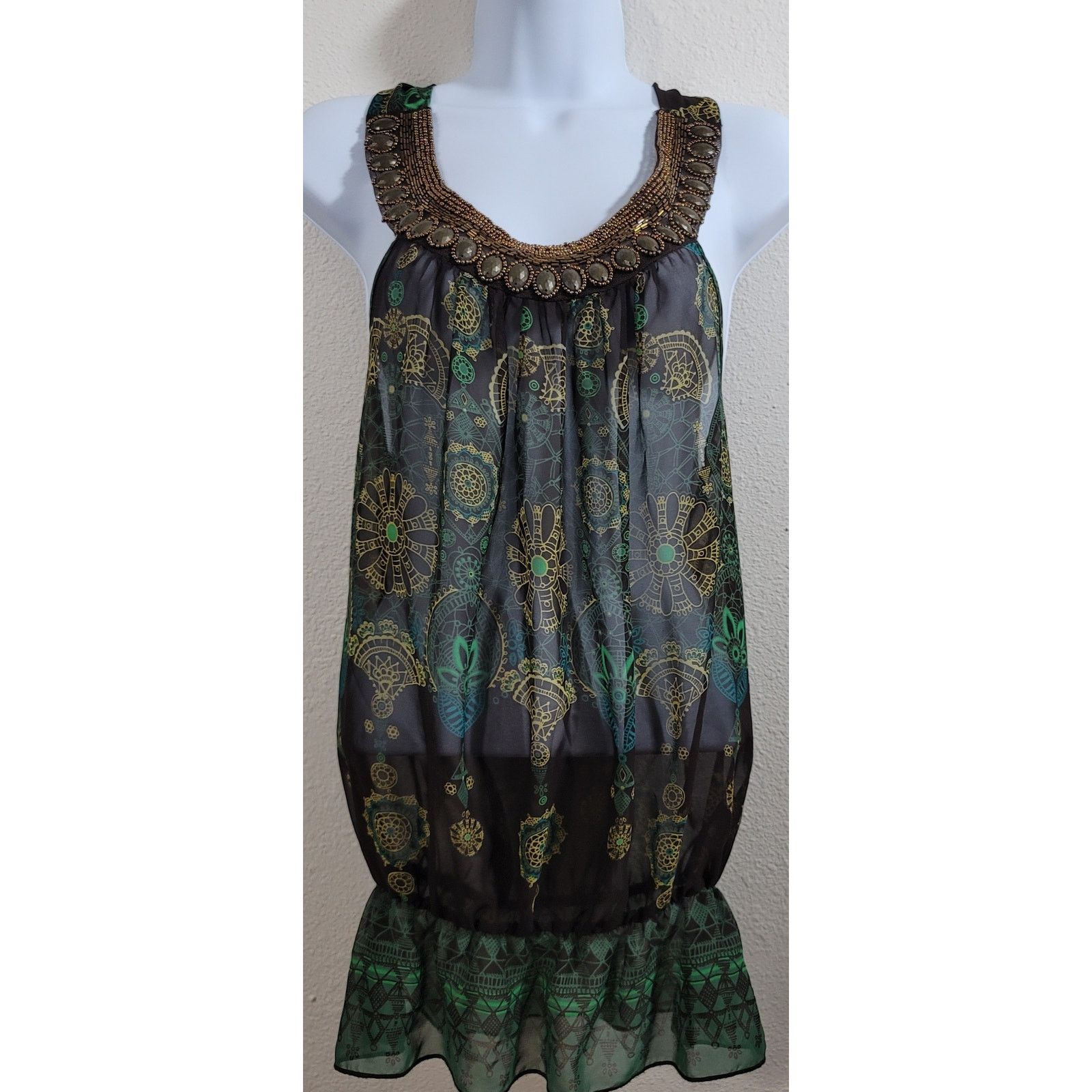 Other Twentyone Brown Green Sheer Beaded Neckline Top Medium Size M / US 6-8 / IT 42-44 - 1 Thumbnail