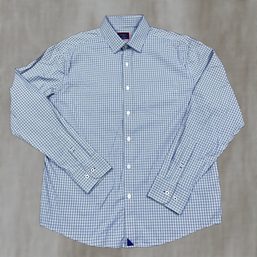 UNTUCKit UNTUCKit Shirt Men Large Blue Gray Plaid Button Nylon Performance Stretch Dress Size 42R - 1 Thumbnail