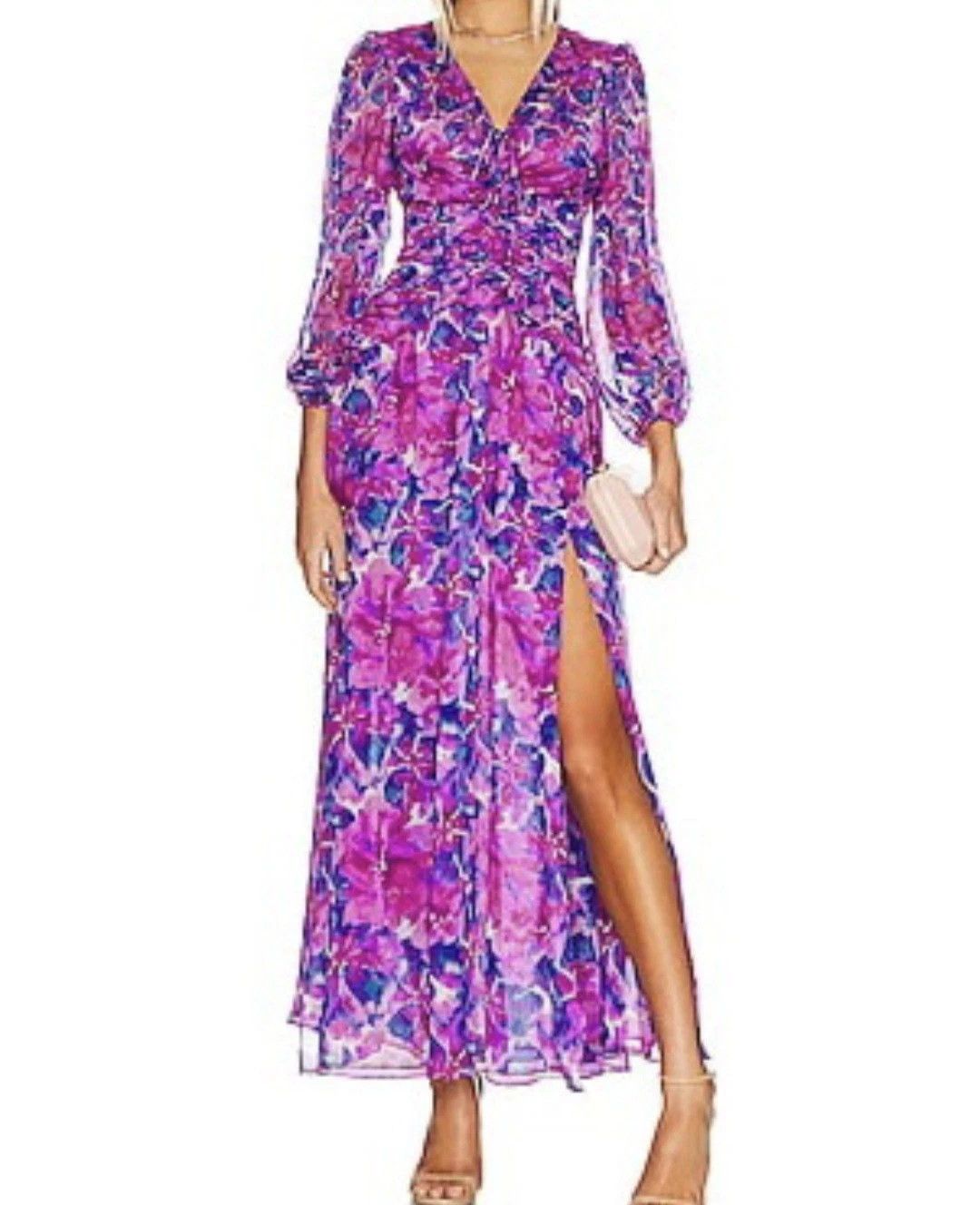 MISA Dress Imelda Pink Purple Floral Shirred Long Slv Maxi