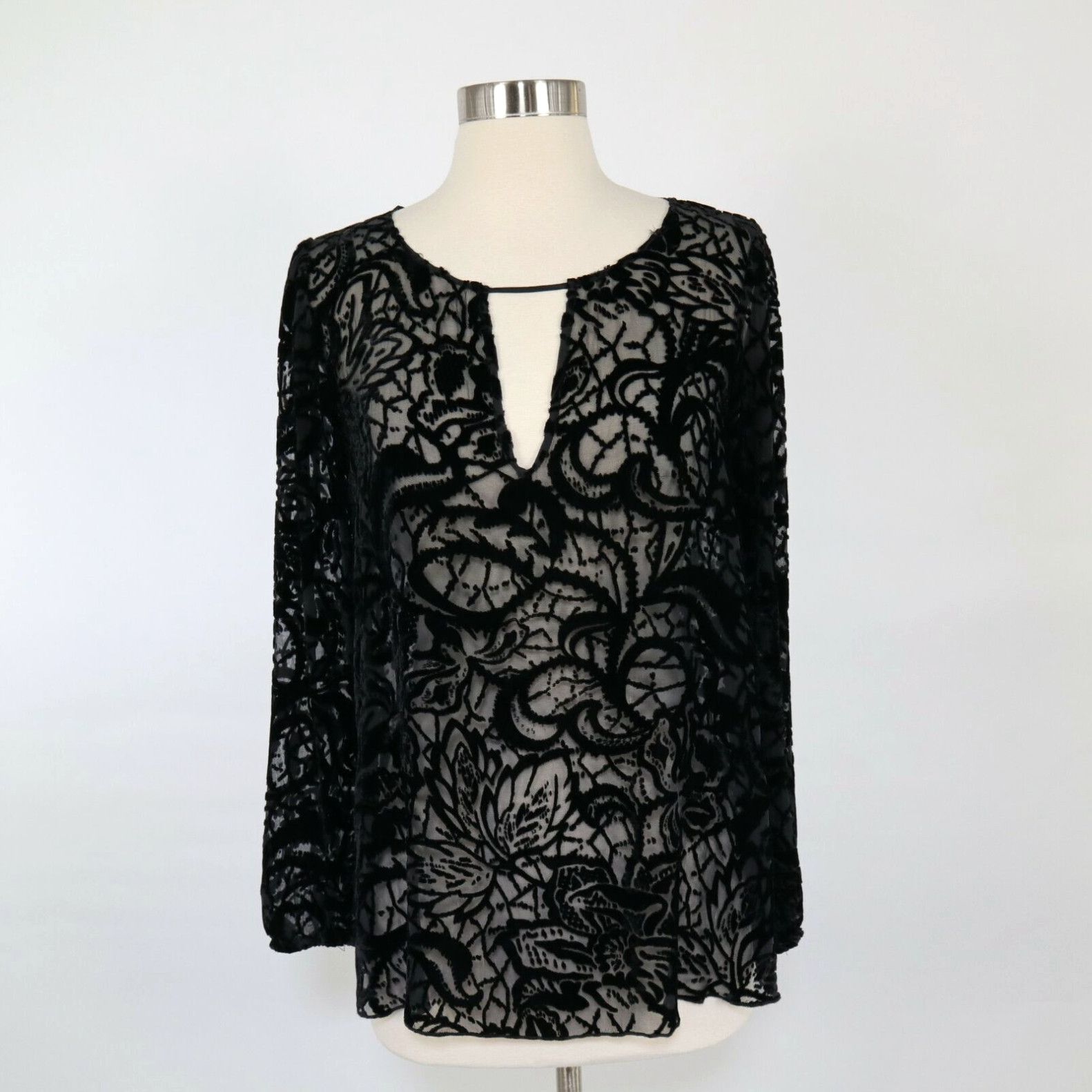 image of 4 Love & Liberty Blouse Top Xs Velvet Burnout Sheer Keyhole Black Johnny Was in White, Women's