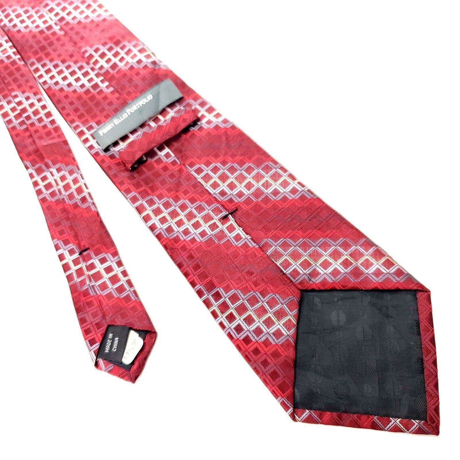 Perry Ellis Perry Ellis Portfolio Red Silk Tie Woven Check Regimental Size ONE SIZE - 3 Thumbnail