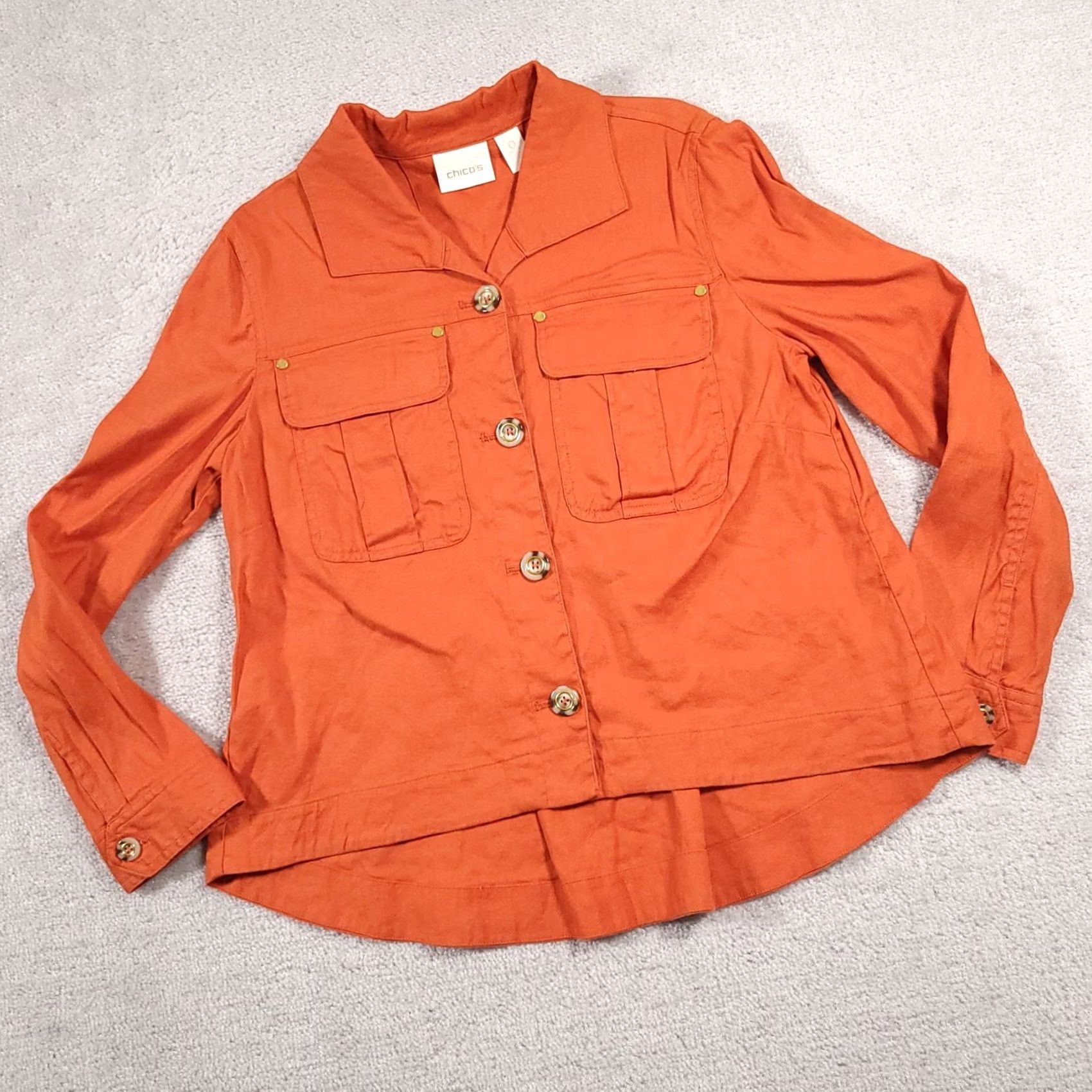 Vintage Chicos Jacket Women's Size S Orange Linen Button Front Collared Basic Jacket Mid-Length Casual Travel Fall Winter Spring Summer Size S / US 4 / IT 40 - 2 Thumbnail