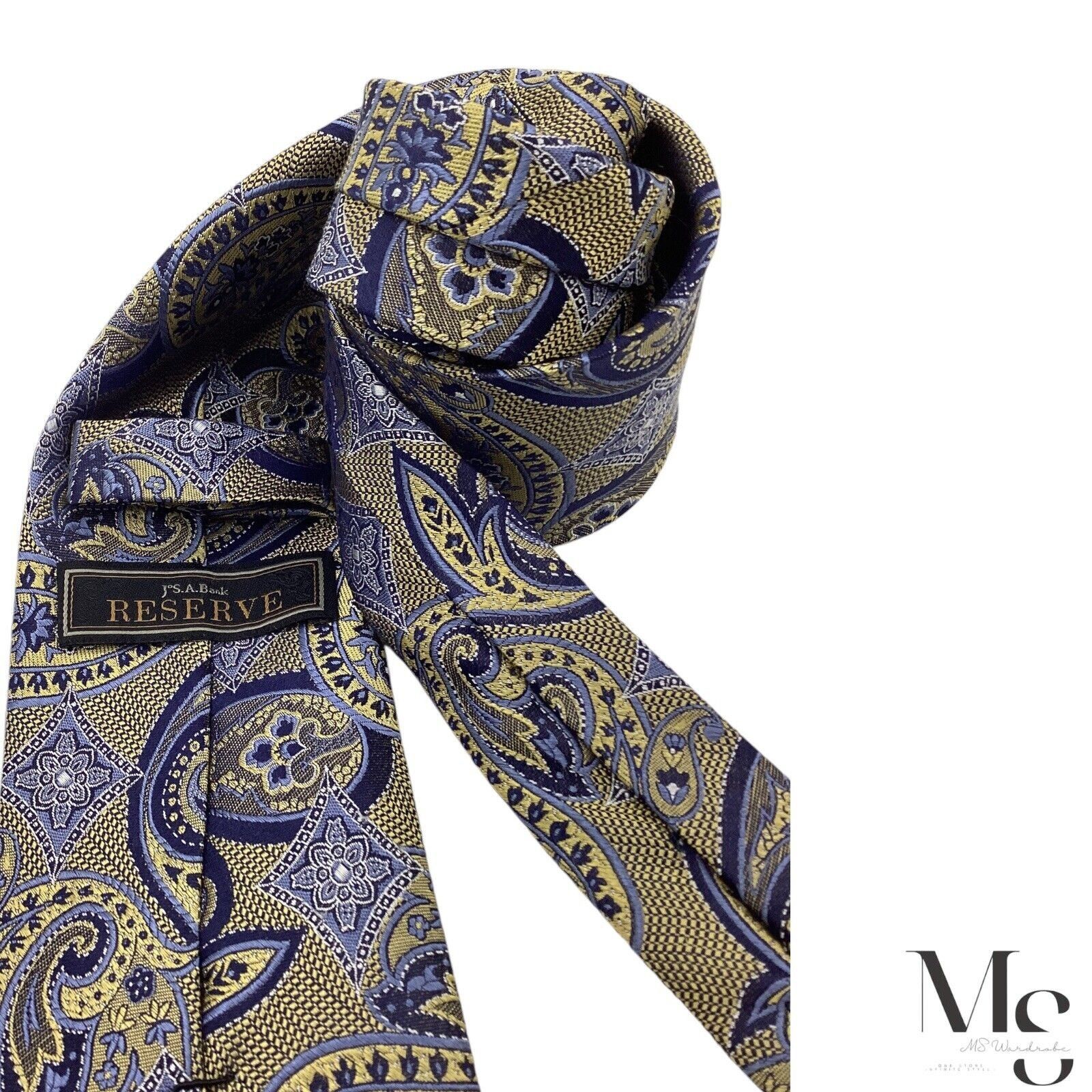 Jos. A. Bank JOS. A. BANK RESERVE XL Blue & Gold Paisley Silk Tie W: 3.25 Size ONE SIZE - 4 Thumbnail
