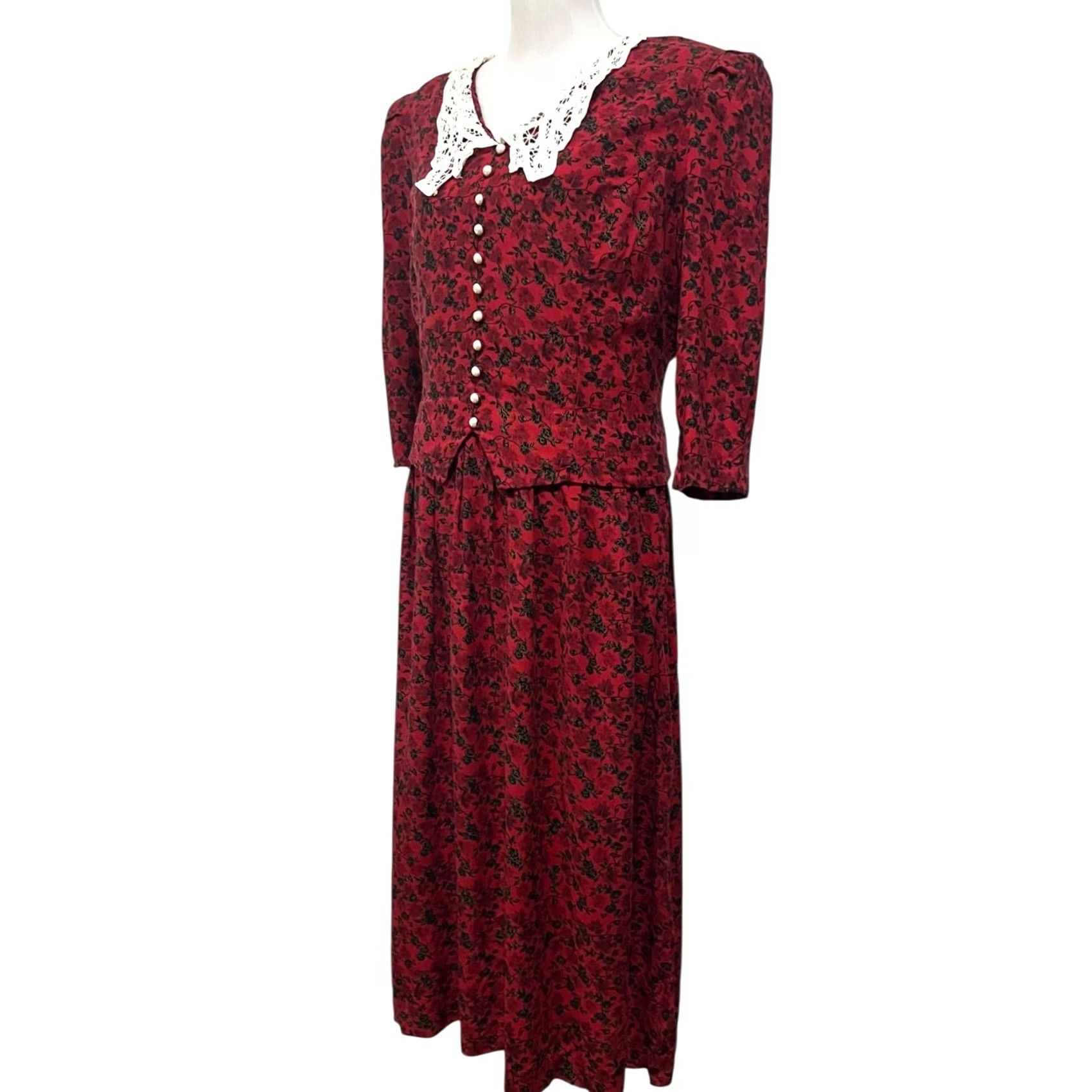 Vintage VINTAGE Sarah Richards Red Floral Dress Sz 18 Crochet Lace Pearly Buttons Long Women Size XXL / US 16-18 / IT 52-54 - 5 Thumbnail