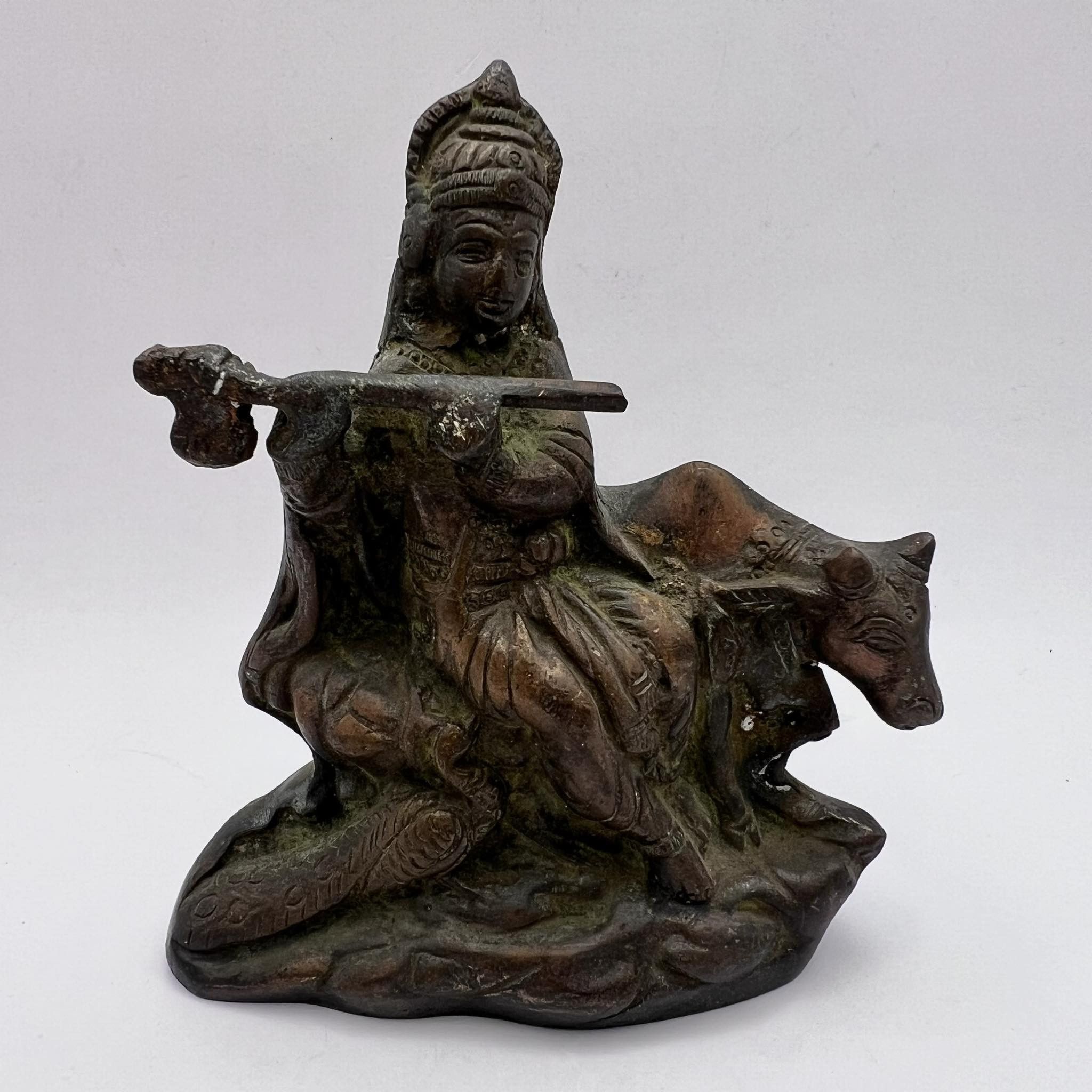 Antique Asian Bronze Buddha Hindu Krishna with Cow Figure