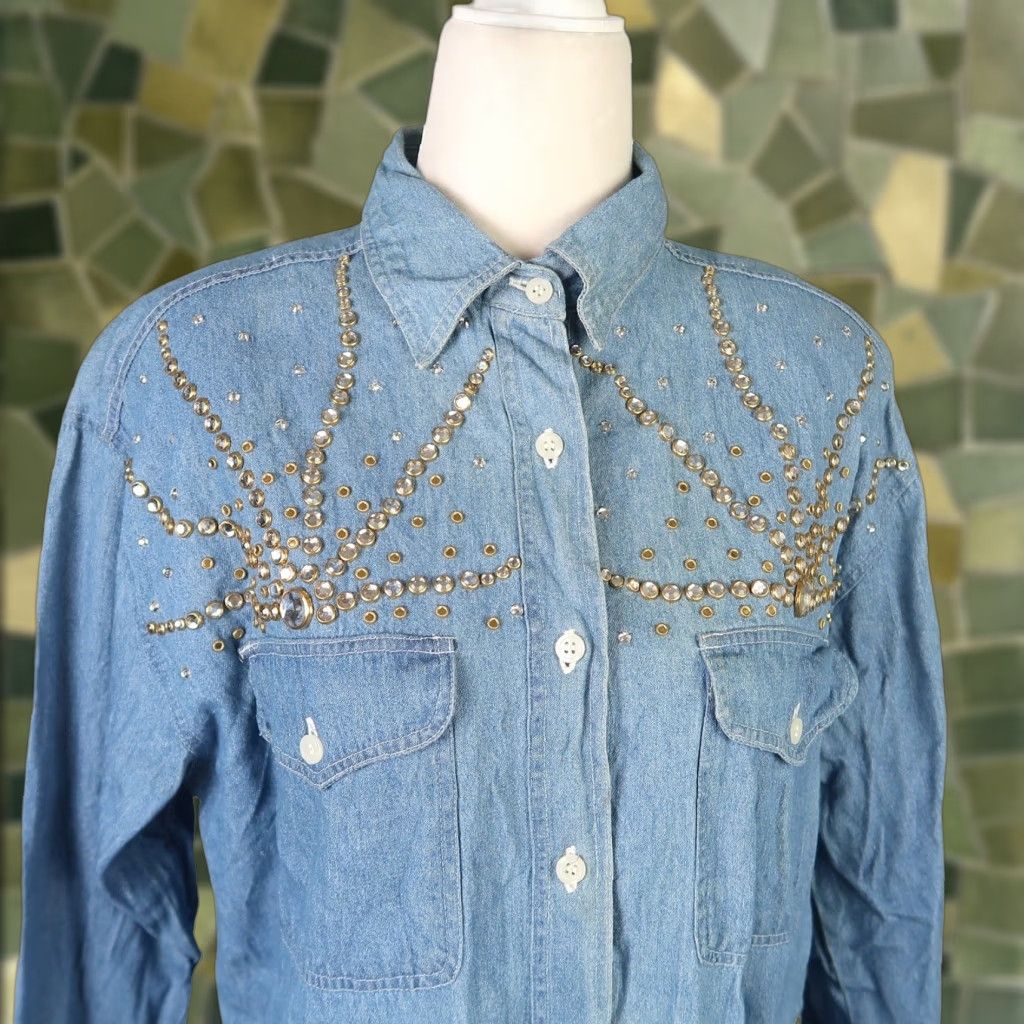 Denime VINTAGE Clodia Dee Blue Denim Shirt Button-Down Rhinestone Beaded Western 80s Bohemian M Womens Size M / US 6-8 / IT 42-44 - 1 Thumbnail