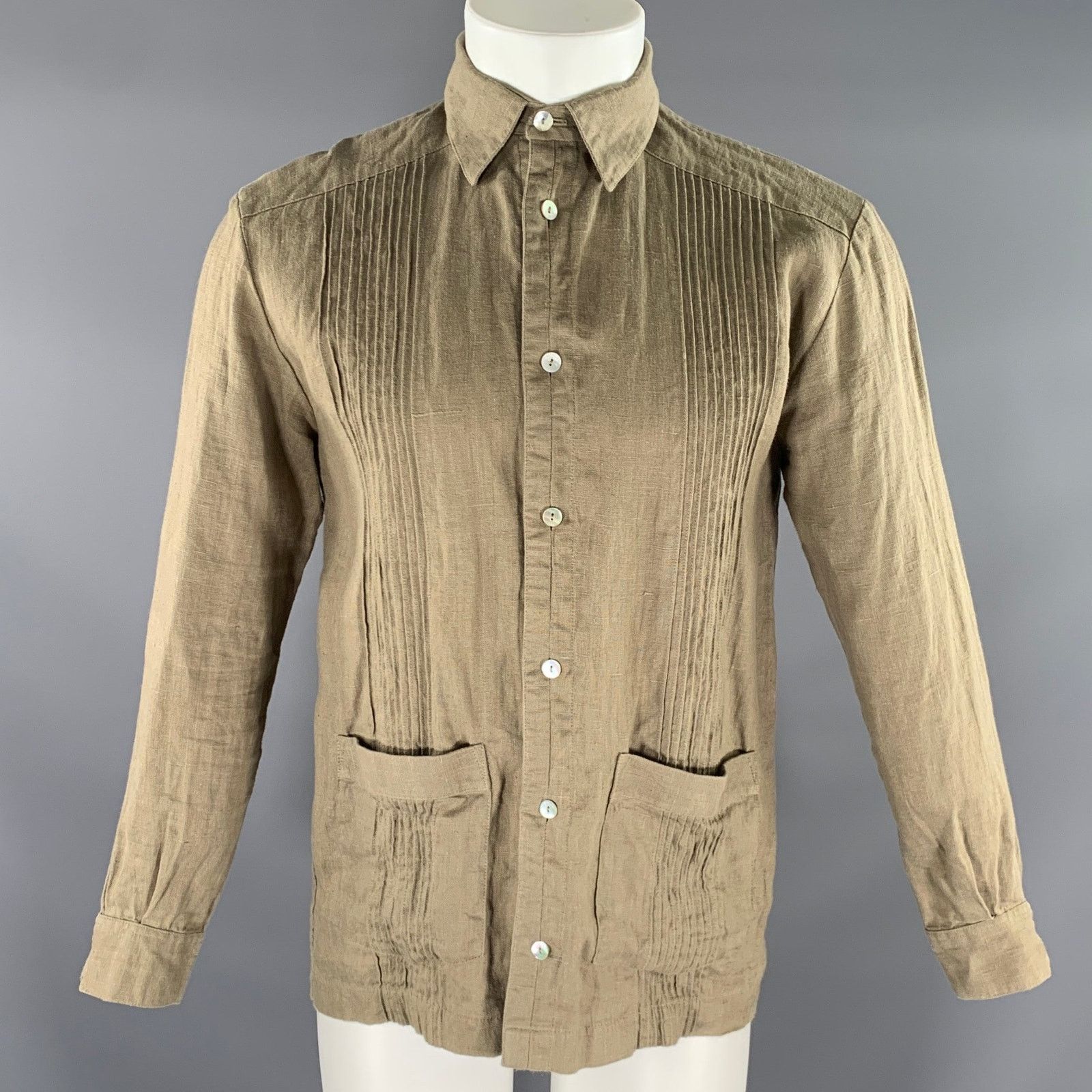 Other CARMEN RION S Green Olive Pleated Linen Long Sleeve Shirt Size US S / EU 44-46 / 1 - 1 Thumbnail