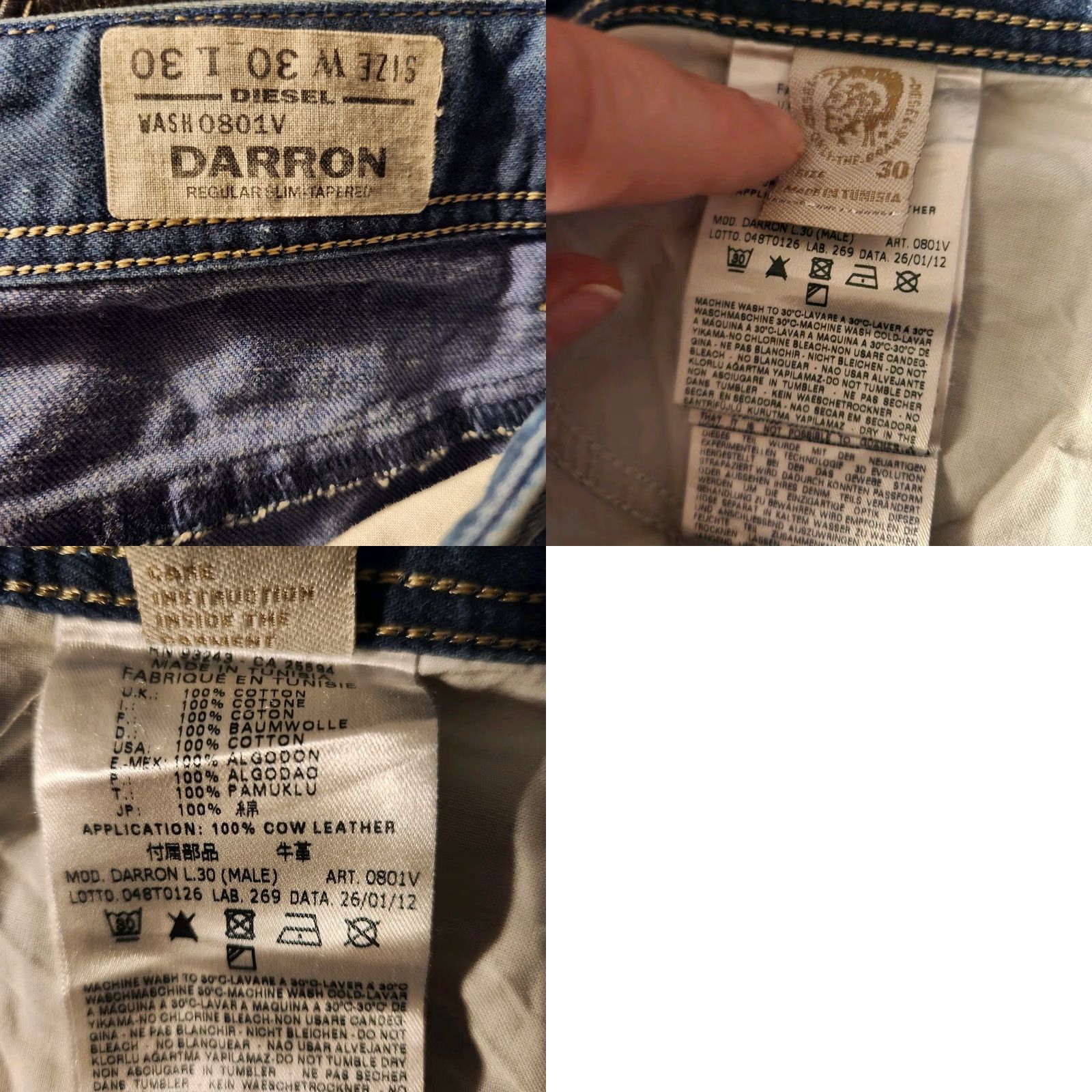 Diesel Diesel Jeans Mens 30x30 Blue Tapered Slim Distressed Faded Stretch Darron Denim Leather Pockets Size US 30 / EU 46 - 9 Thumbnail