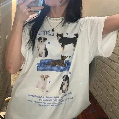 image of Vintage Korean Kawaii Ulzzang Dog Print T Shirt Unisex Fashion in White, Women's (Size Small)