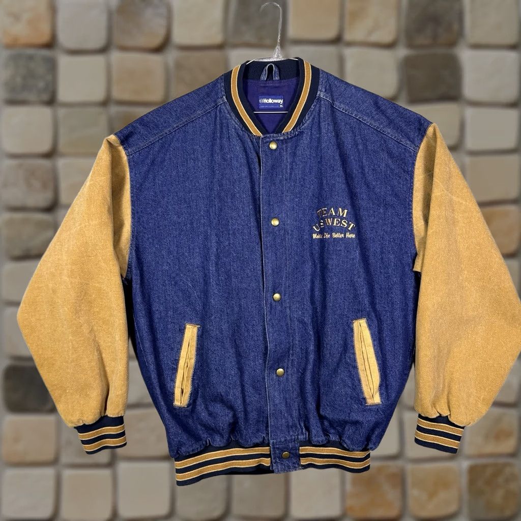 Holloway VINTAGE Holloway Varsity Jacket Mens XL Denim Bomber Canvas Sleeves USA Made 90s Blue Geometric Chest 50in Shoes? Size US XL / EU 56 / 4 - 1 Thumbnail
