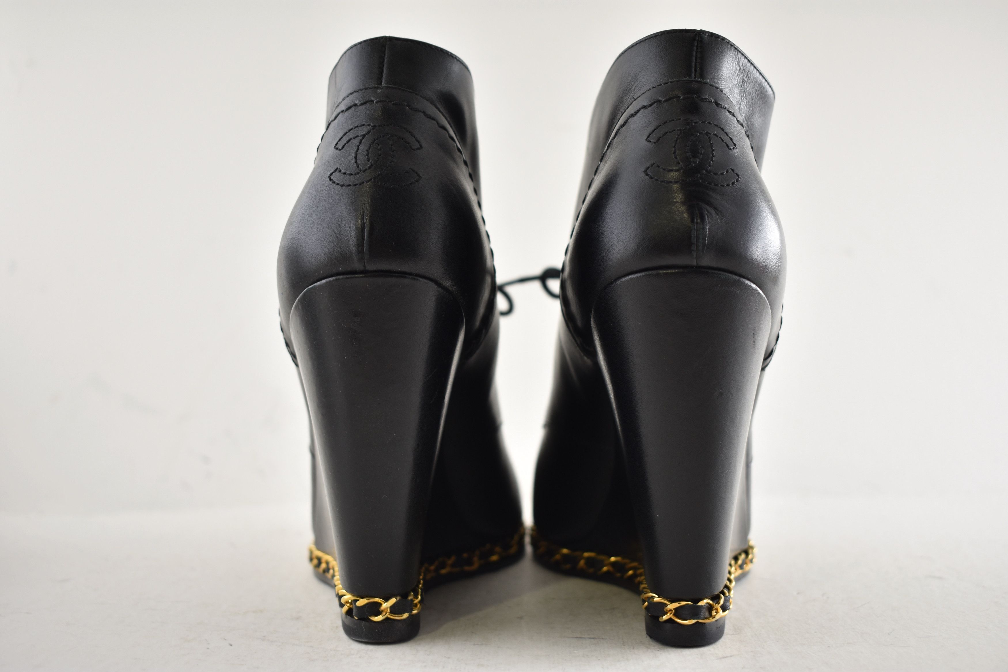 Chanel Leather Gold Chain Around CC Logo Ankle Wedge Boot 38.5 Size US 8.5 / IT 38.5 - 15 Thumbnail