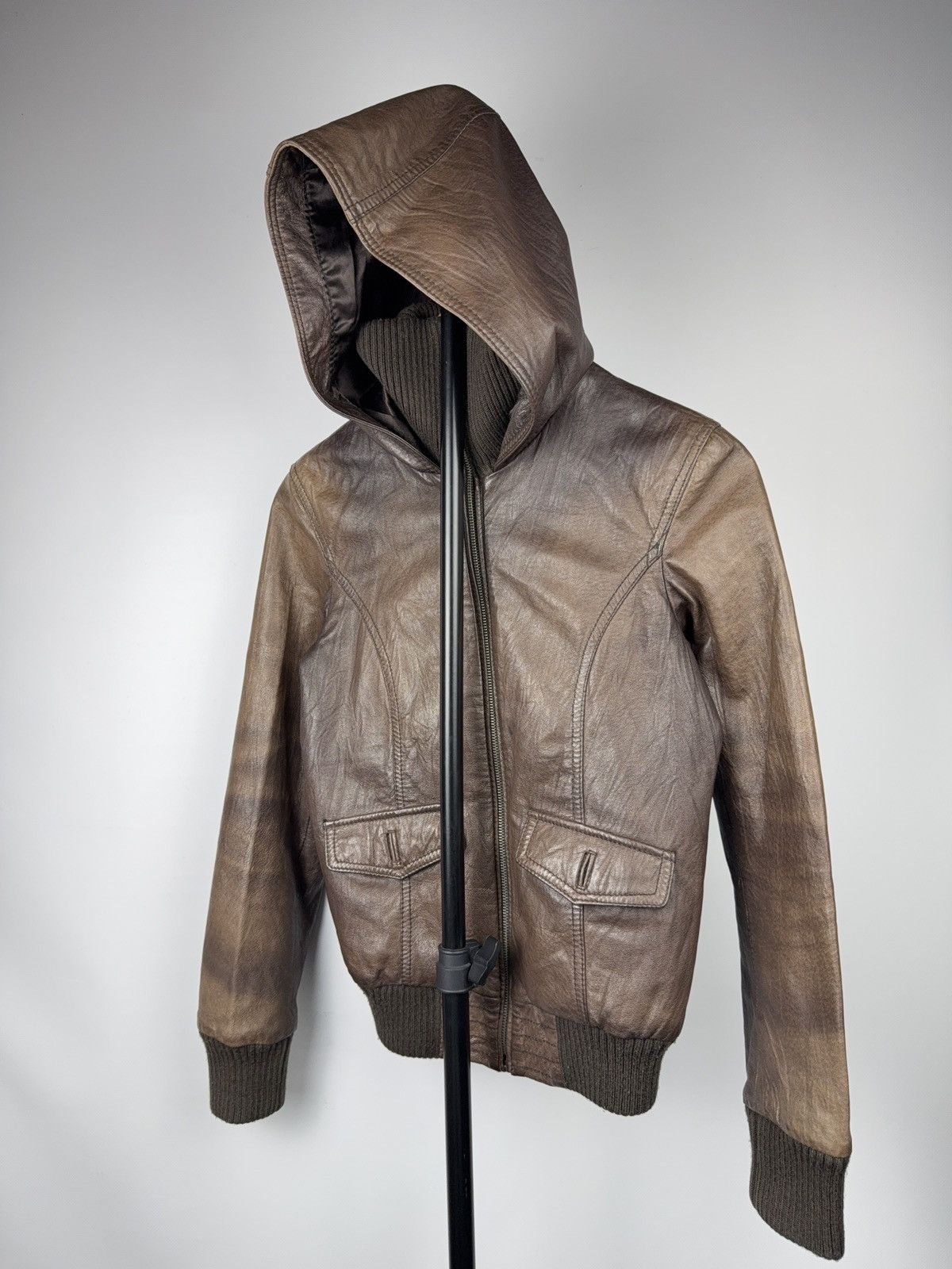 Japanese Brand 90s Retro Avant Garde Brown Leather Hooded Aviator Jacket Size XS / US 0-2 / IT 36-38 - 1 Thumbnail