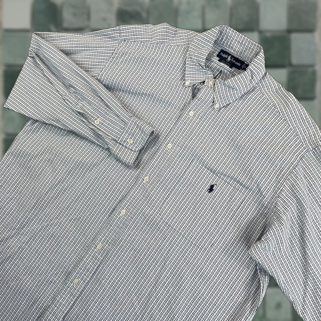 VINTAGE Polo Ralph Lauren Oxford BIG SHIRT Men Large Blue Green Plaid Pony Preppy Shirt